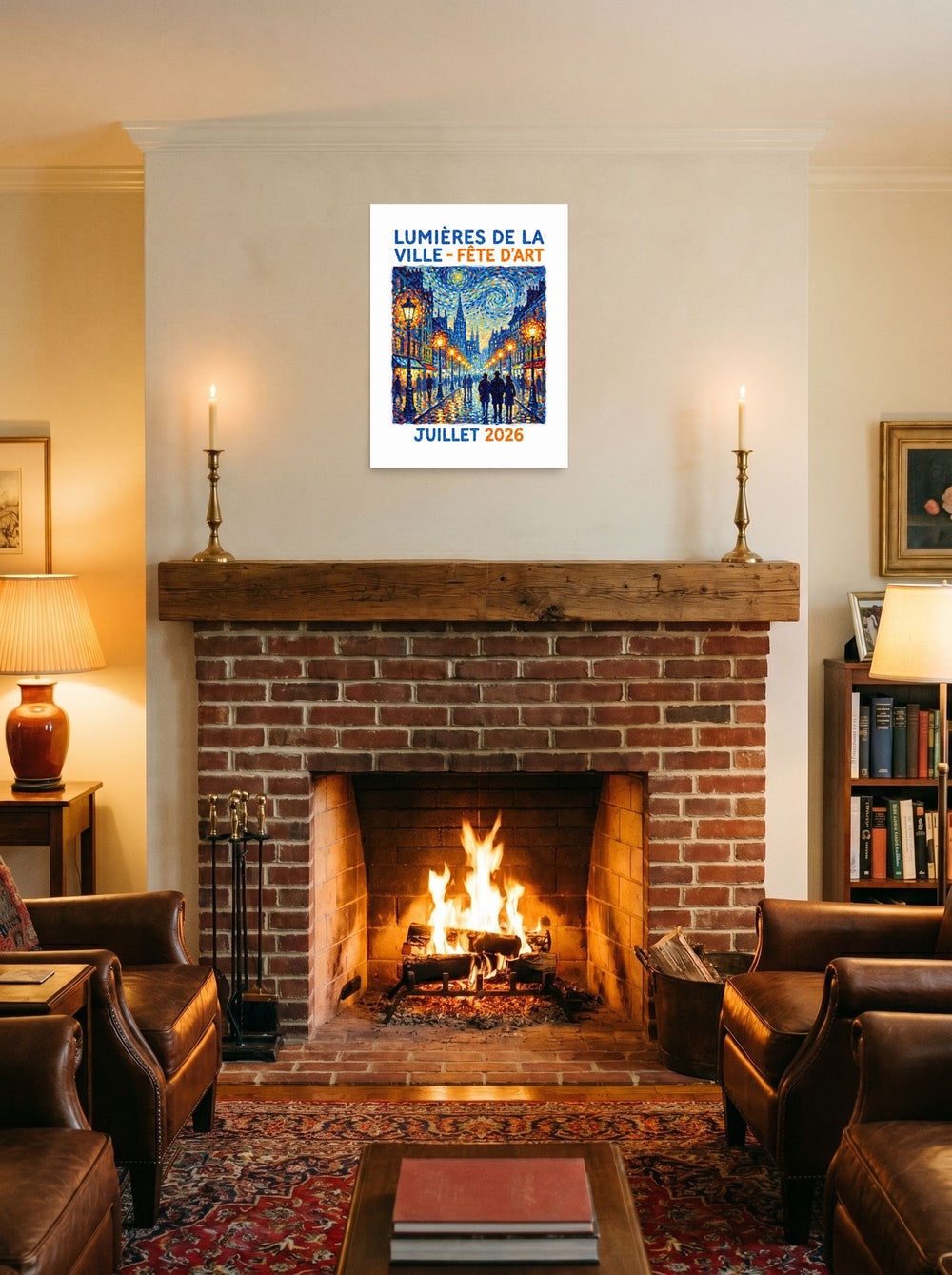 'City Lights Art Festival Poster' displayed above a fireplace. A 18x24 inch unframed paper Pointillism print.