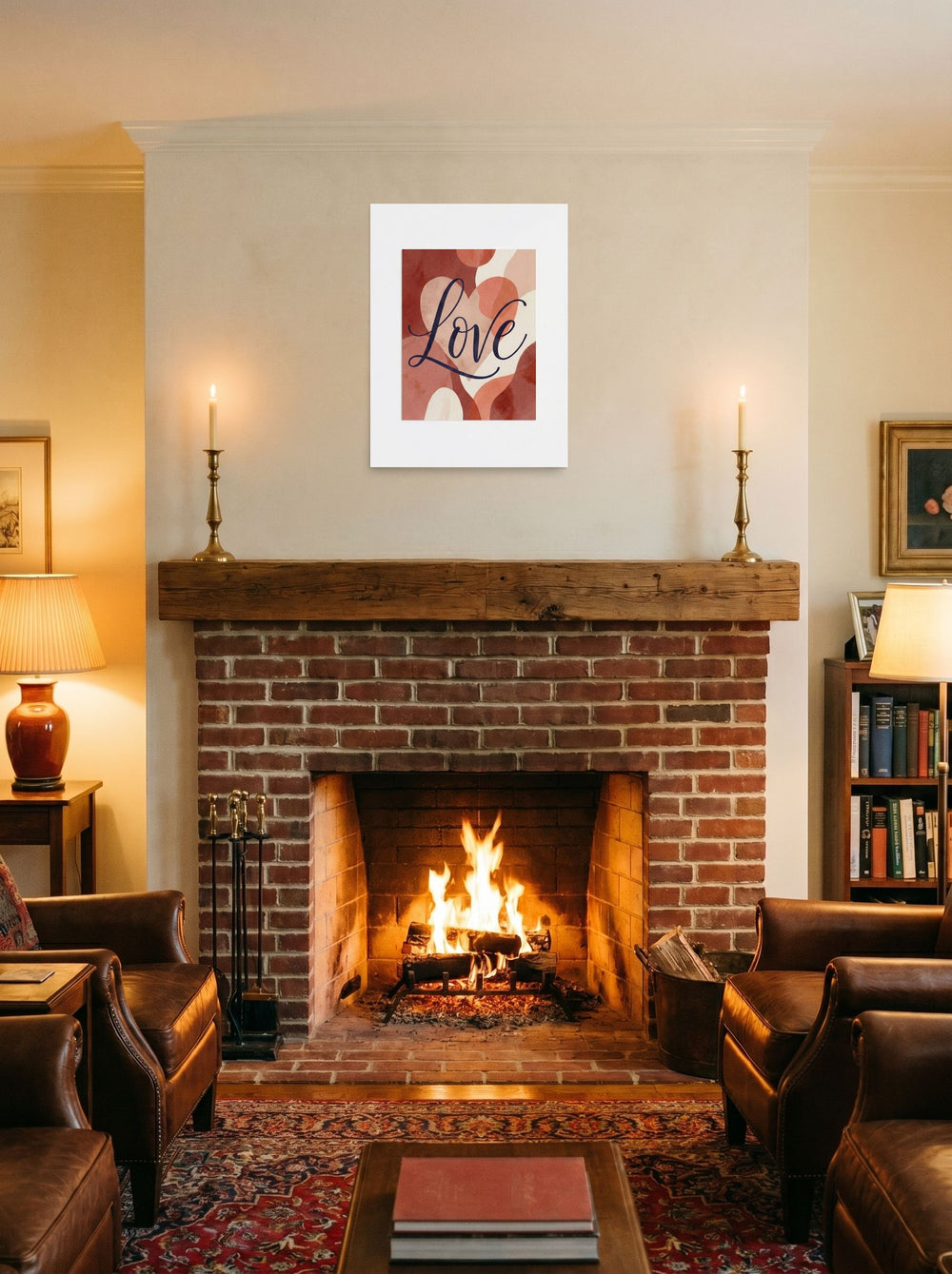 A 18x24 inch unframed paper Abstract art,Minimalism print of 'Painted Affection' displayed above a fireplace.