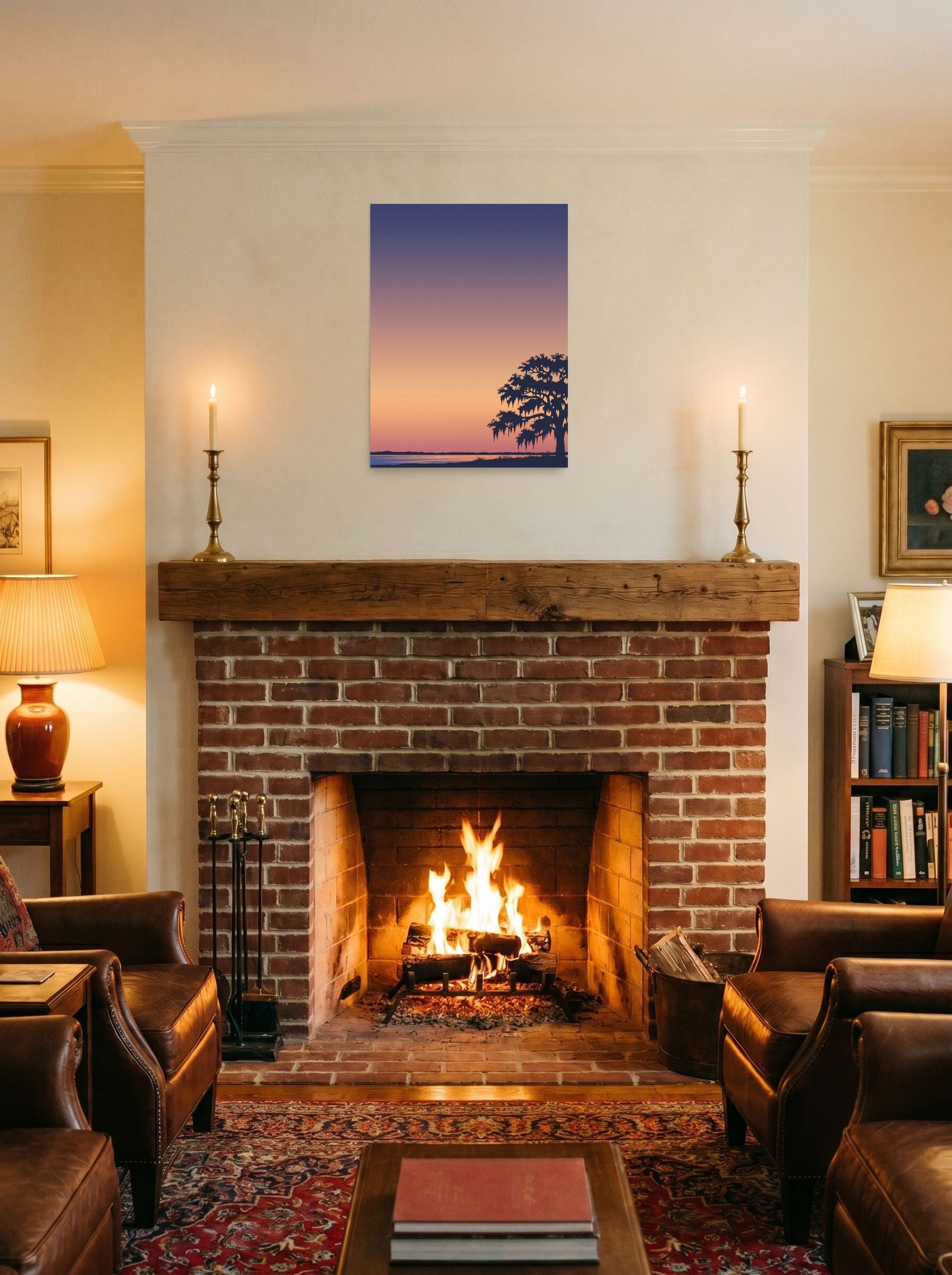 A 18x24 inch unframed paper Digital art,Minimalism print of 'Twilight Tranquility' displayed above a fireplace.