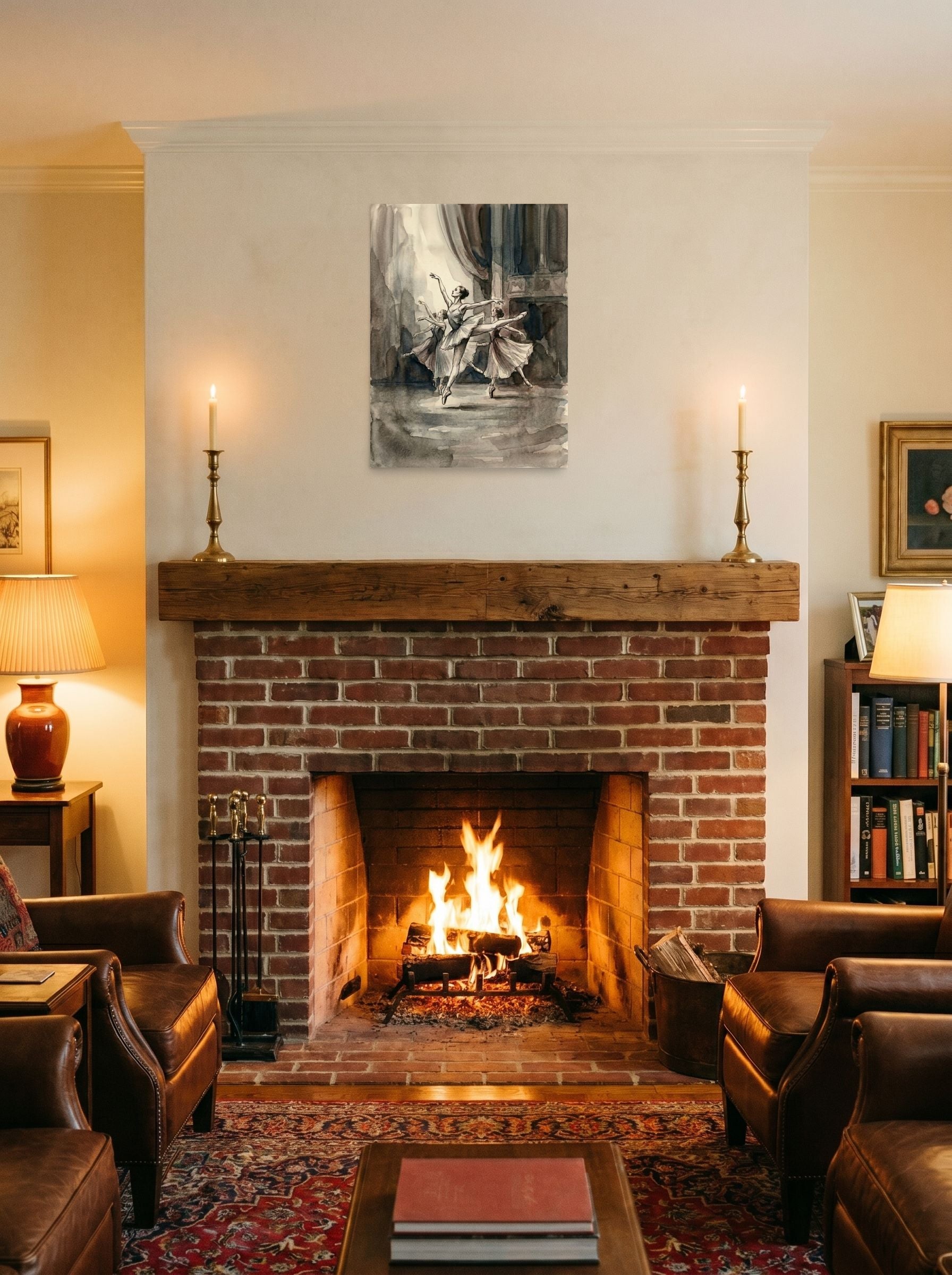 A 18x24 inch unframed paper Realism print of 'En Pointe' displayed above a fireplace.