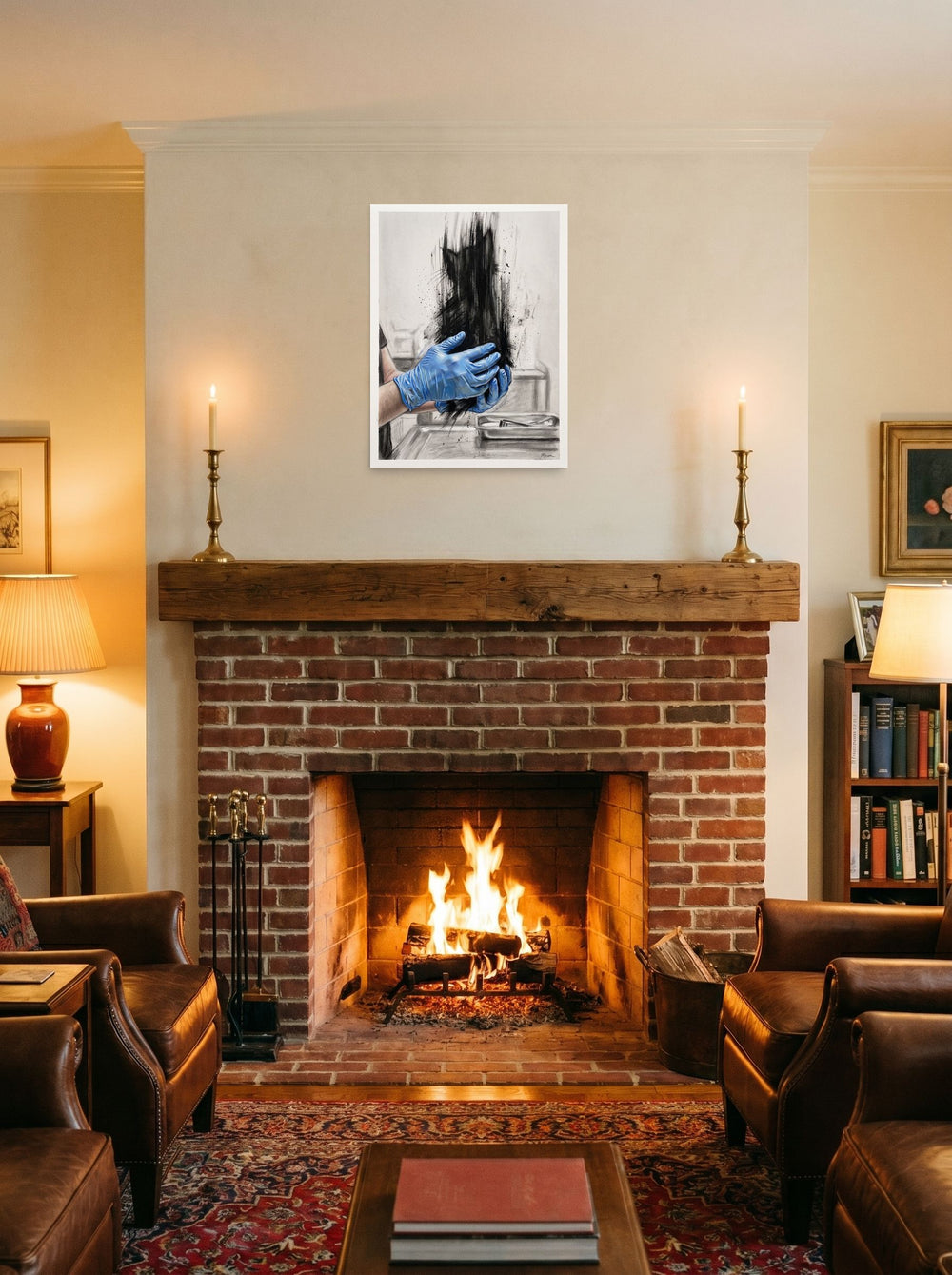 'Ephemeral Feline Examination' as a unframed paper print, 18x24 inch, hung over a fireplace as a focal point.