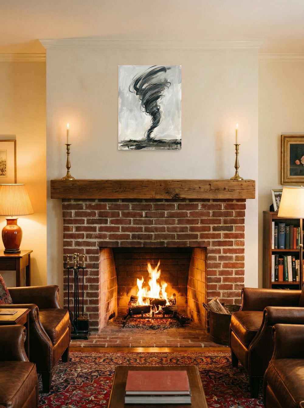 A 18x24 inch unframed paper Abstract expressionism,Minimalism print of 'Abstract Tempest' displayed above a fireplace.
