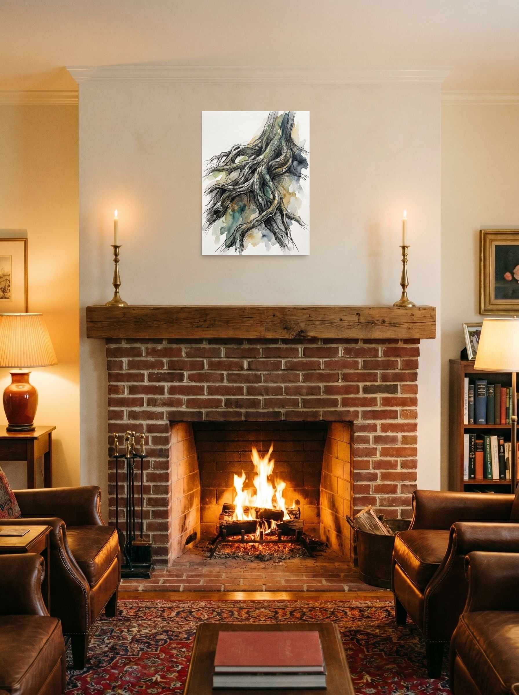 A 18x24 inch unframed paper Expressionism,Realism print of 'Twisted Roots' displayed above a fireplace.