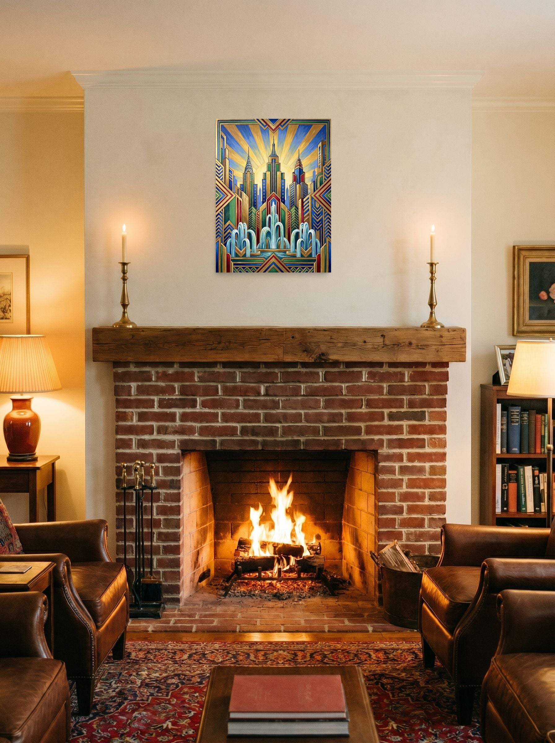 A 18x24 inch unframed paper Art Deco print of 'The Fountain of Progress' displayed above a fireplace.
