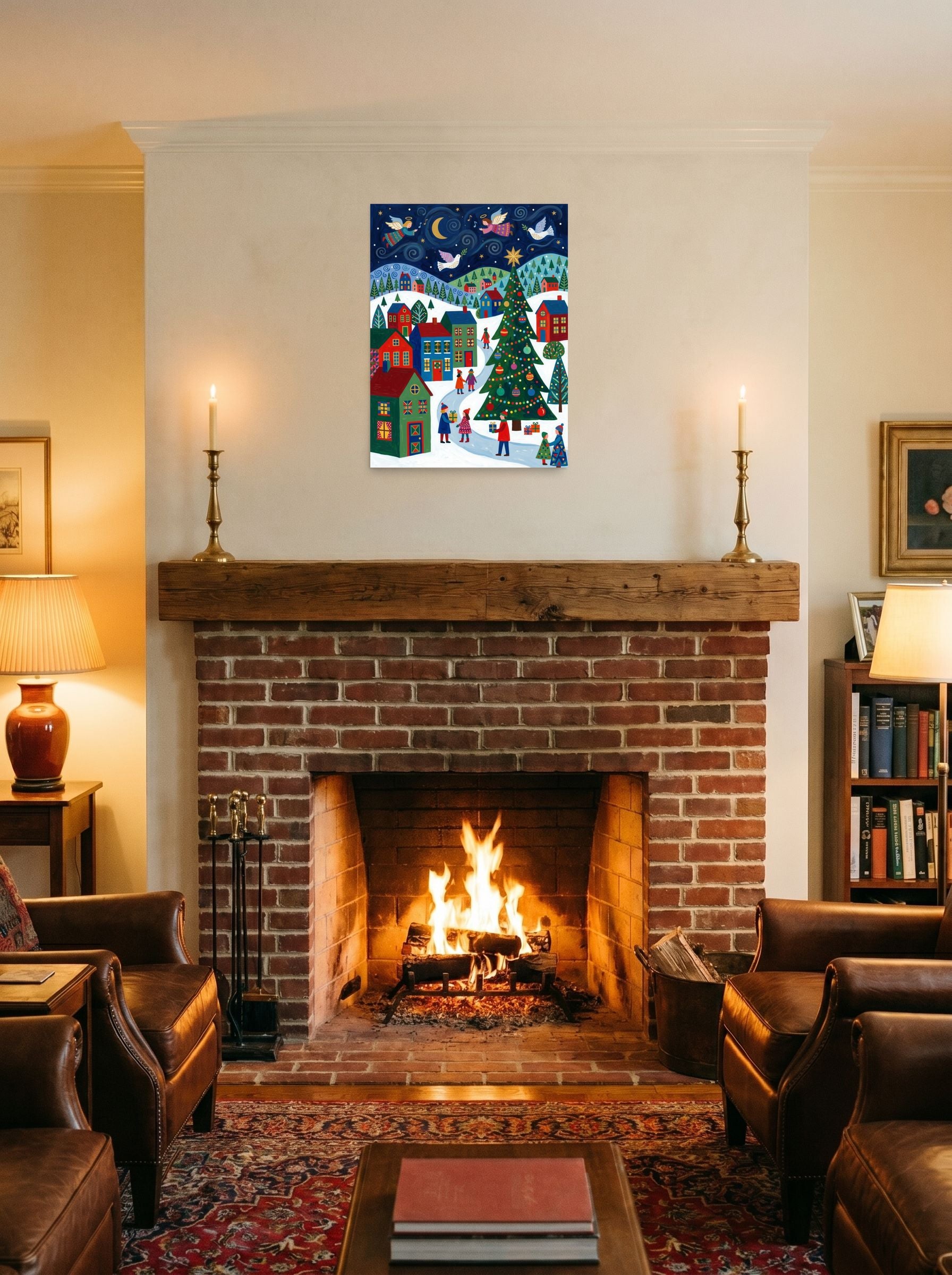 A 18x24 inch unframed paper Naive art print of 'Starry Night Angels' displayed above a fireplace.