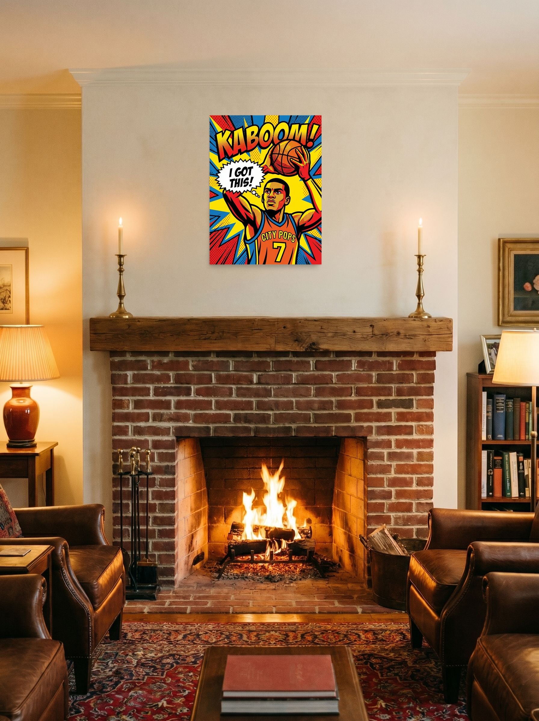 A 18x24 inch unframed paper Pop art print of 'I Got This' displayed above a fireplace.
