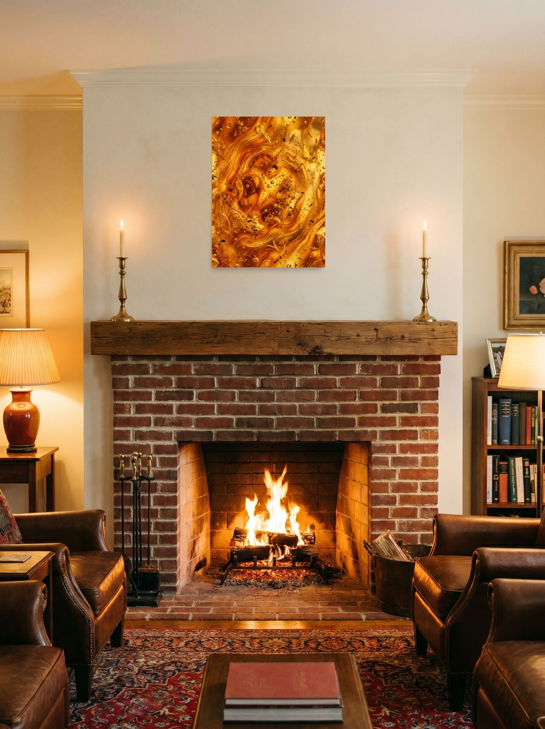 A 18x24 inch unframed paper Abstract art print of 'Amber Depths' displayed above a fireplace.