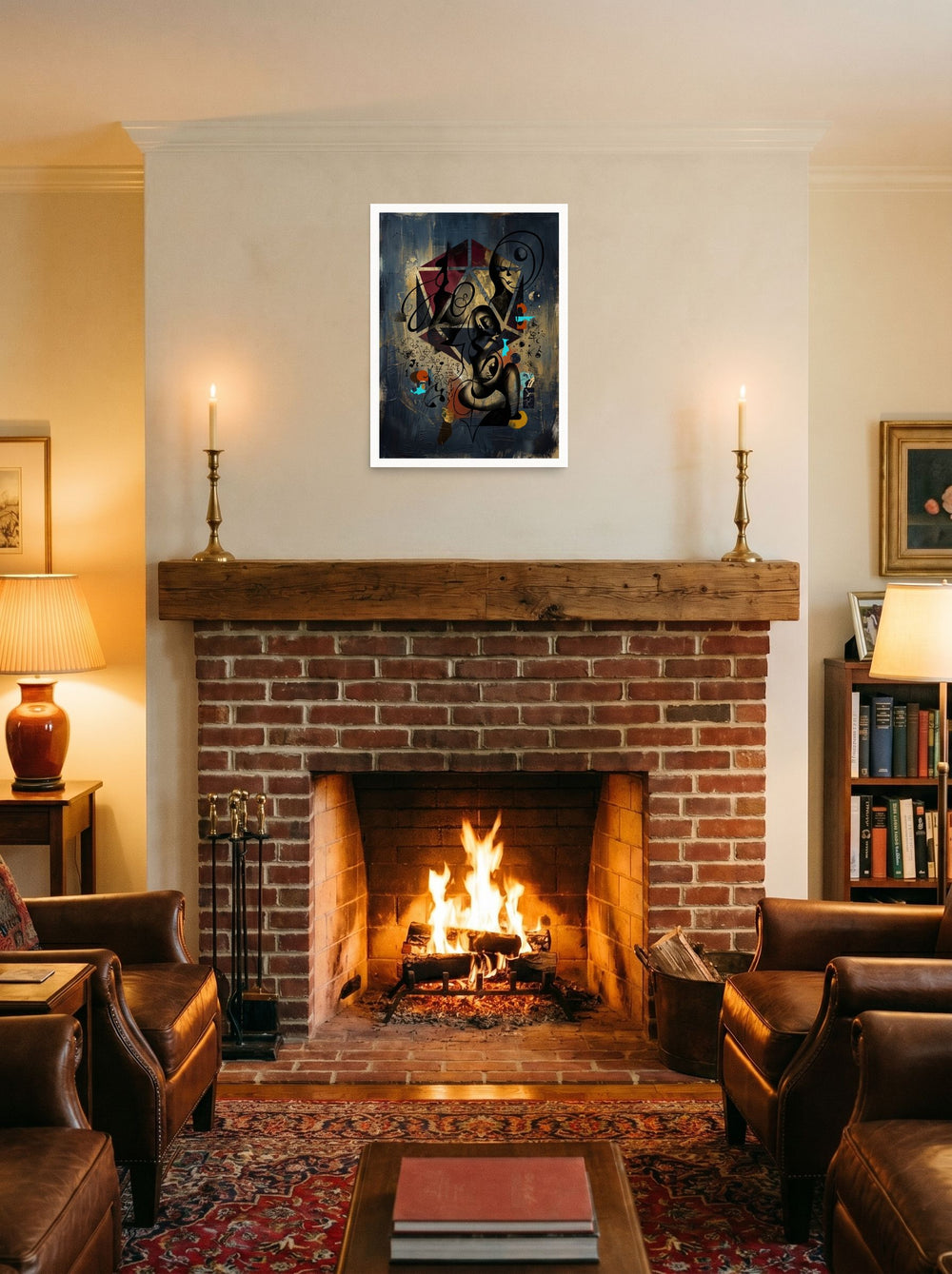 A 18x24 inch unframed paper Dau-al-Set,Surrealism print of 'Alchemist's Embrace' displayed above a fireplace.