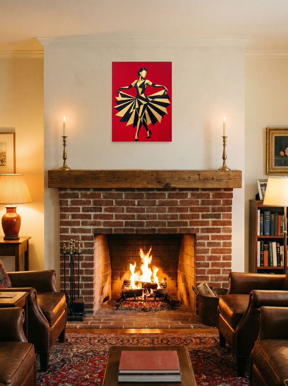 A 18x24 inch unframed paper Art Deco,Cubism print of 'The Golden Dancer' displayed above a fireplace.