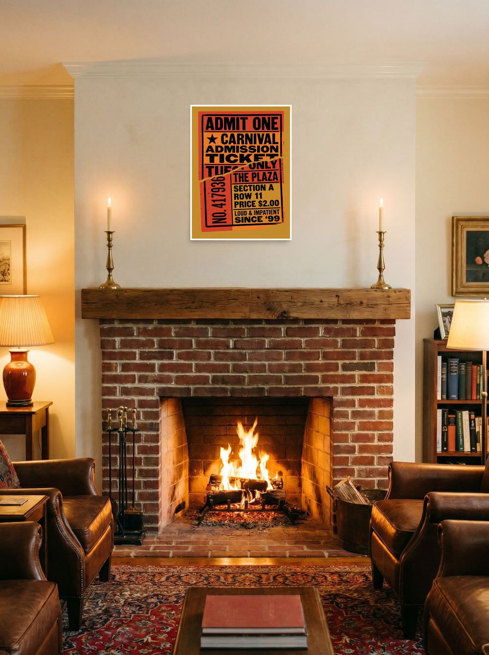A 18x24 inch unframed paper Pop art print of 'Torn Admission' displayed above a fireplace.
