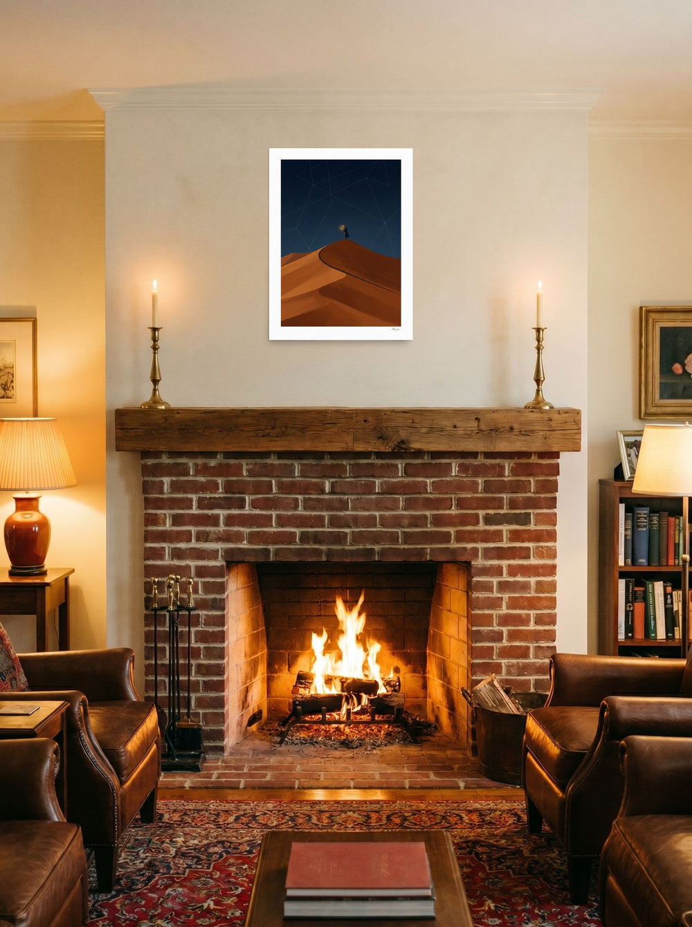 unframed paper wall art 'The Desert Astronomer' hung over a fireplace as a focal point, at 18x24 inch.