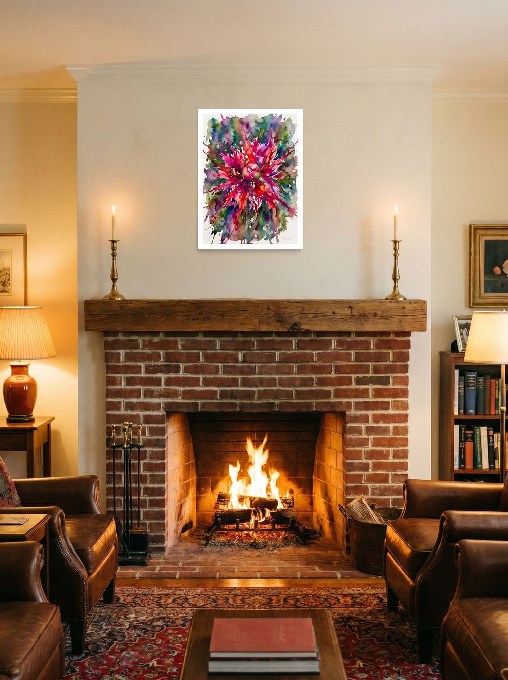 'Botanical Burst' displayed above a fireplace, printed as unframed paper at 18x24 inch.
