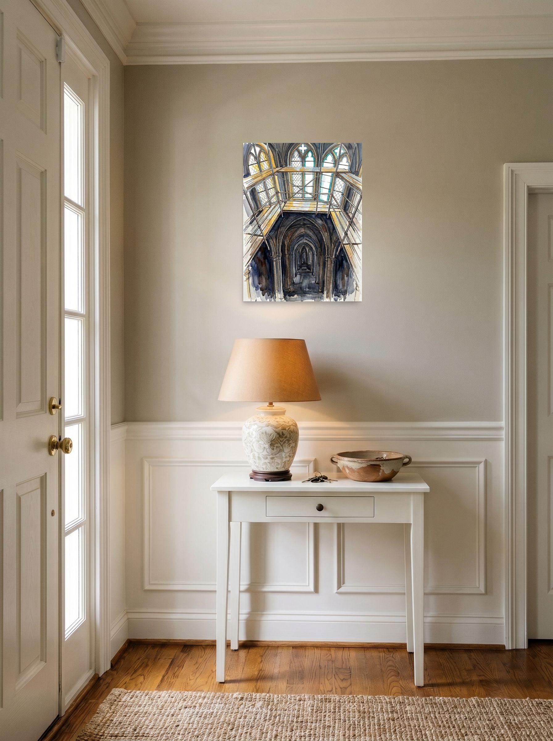 A 18x24 inch unframed paper Abstract expressionism print of 'Baltic Sea Ice Breaking' hanging in an entryway near a console.