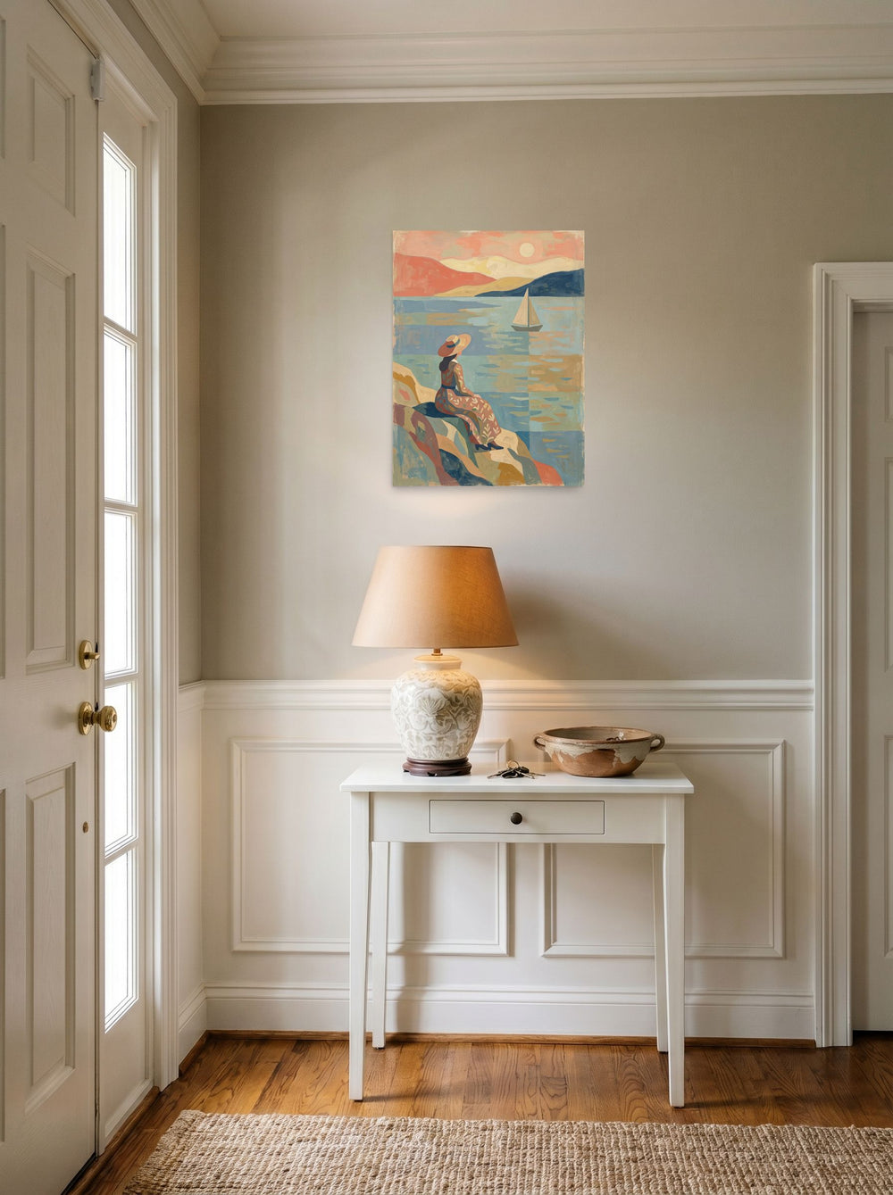 A 18x24 inch unframed paper Les Nabis print of 'Coastal Reverie', styled above a console table in an entryway.
