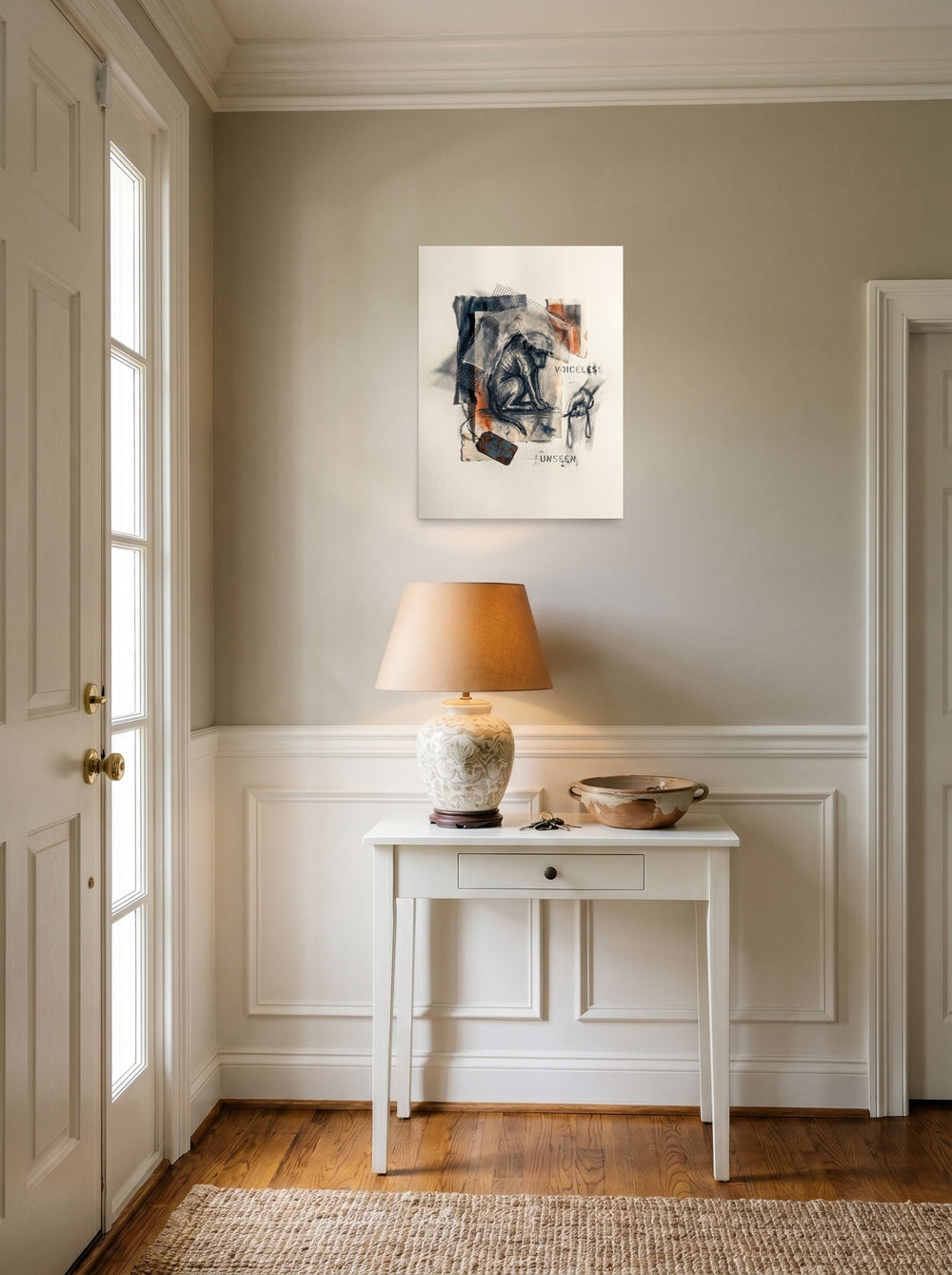 'Voiceless and Unseen', a Transgressive art print styled above a console table in an entryway. Shown as unframed paper, 18x24 inch.
