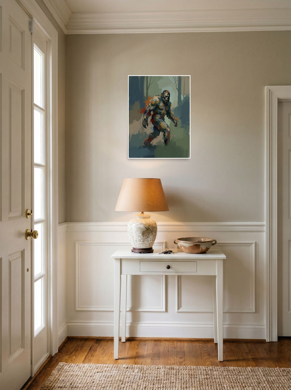 'Forest Wanderer', a Expressionism print hanging in an entryway near a console. Shown as unframed paper, 18x24 inch.