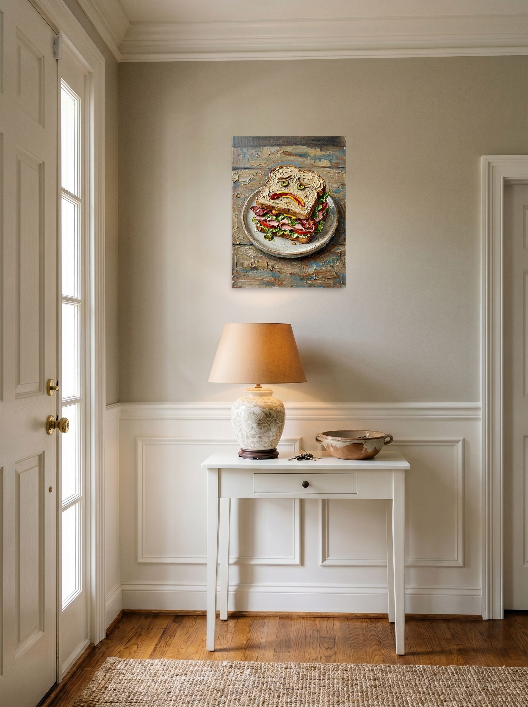A 18x24 inch unframed paper Expressionism print of 'The Melancholy Meal' hanging in an entryway near a console.