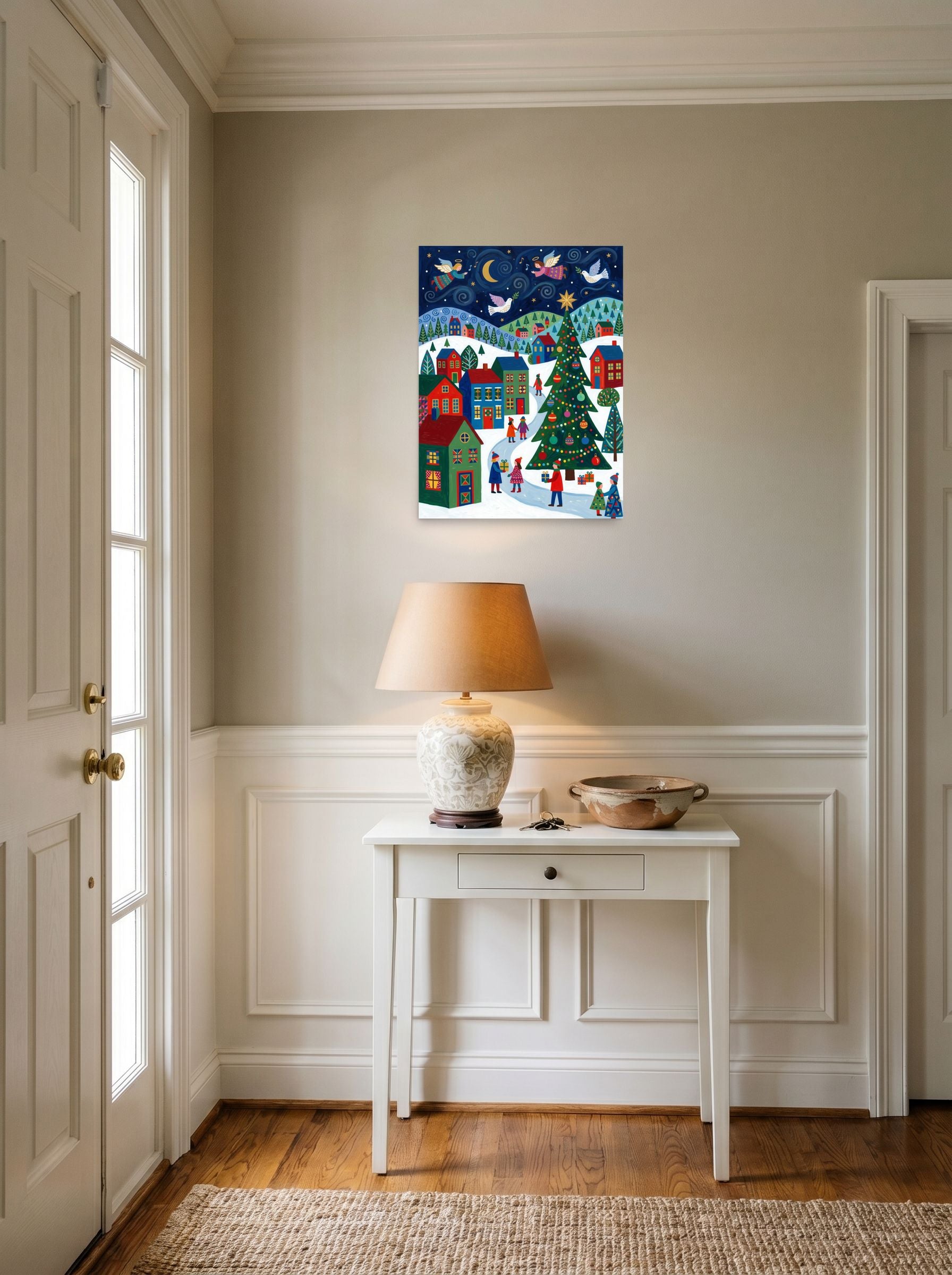 A 18x24 inch unframed paper Naive art print of 'Starry Night Angels' hanging in an entryway near a console.