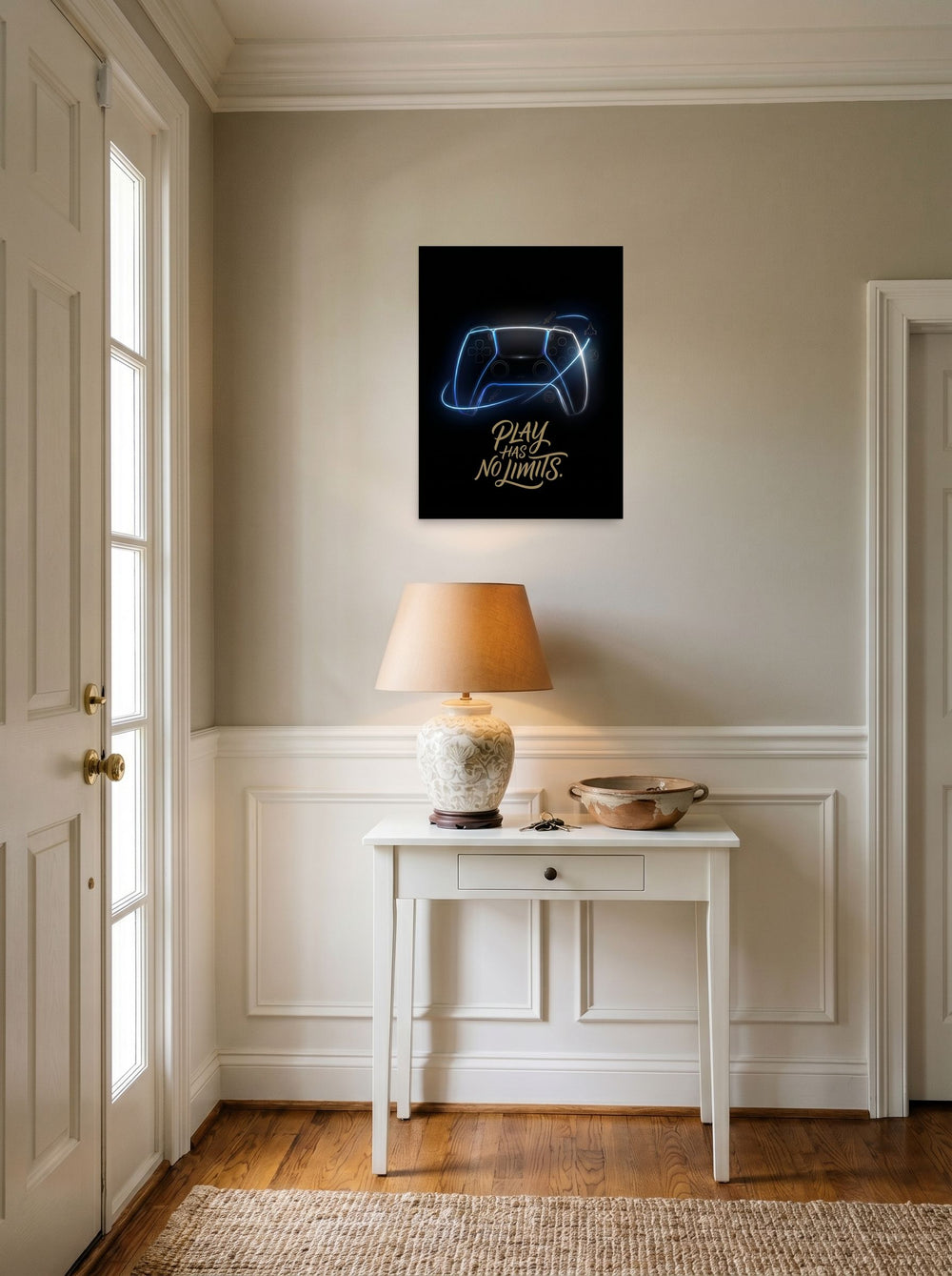 A 18x24 inch unframed paper Digital art,Pop art print of 'No Limits' hanging in an entryway near a console.
