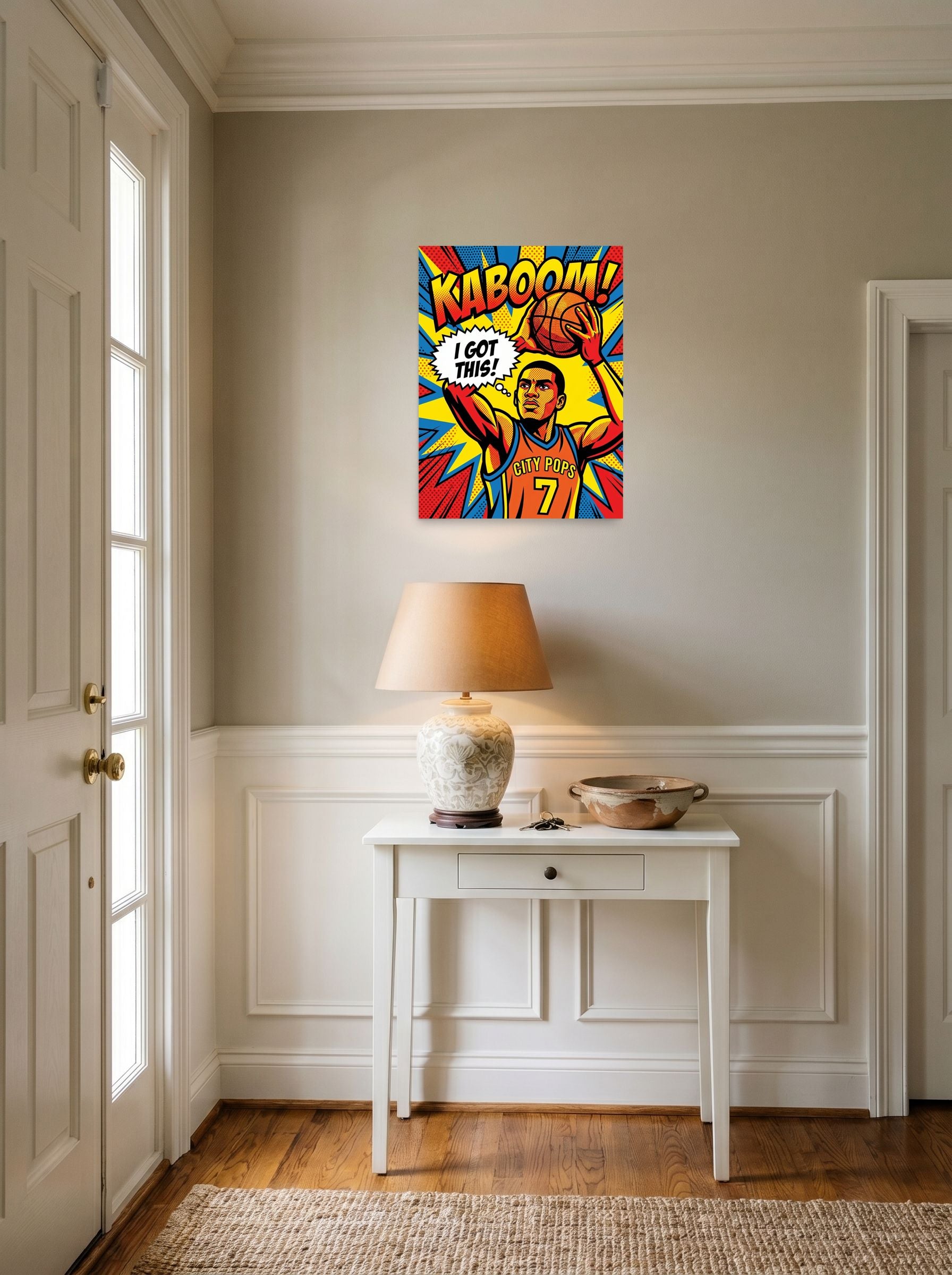 A 18x24 inch unframed paper Pop art print of 'I Got This' hanging in an entryway near a console.