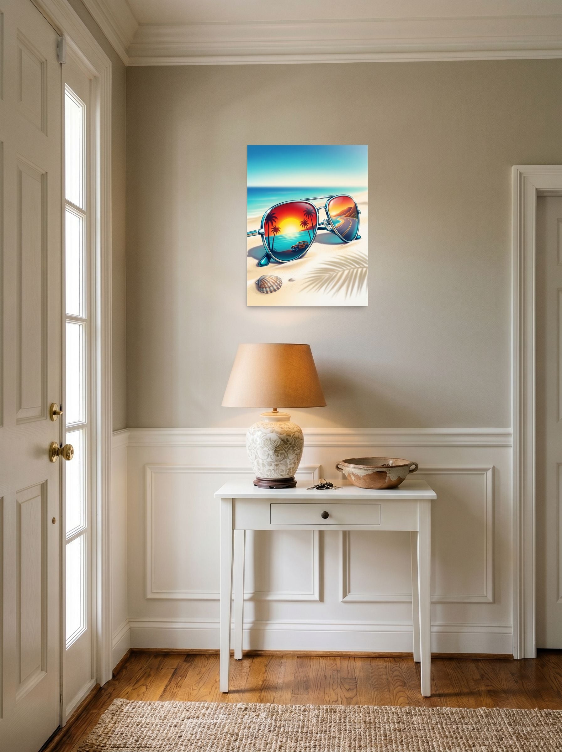 A 18x24 inch unframed paper Photorealism print of 'Sunset Reflections' hanging in an entryway near a console.