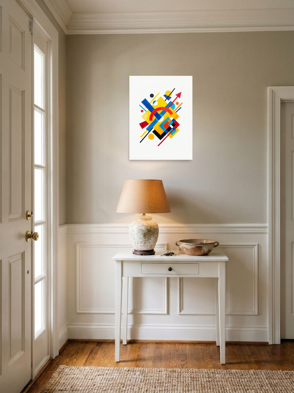 A 18x24 inch unframed paper Suprematism print of 'Directional Energy' hanging in an entryway near a console.