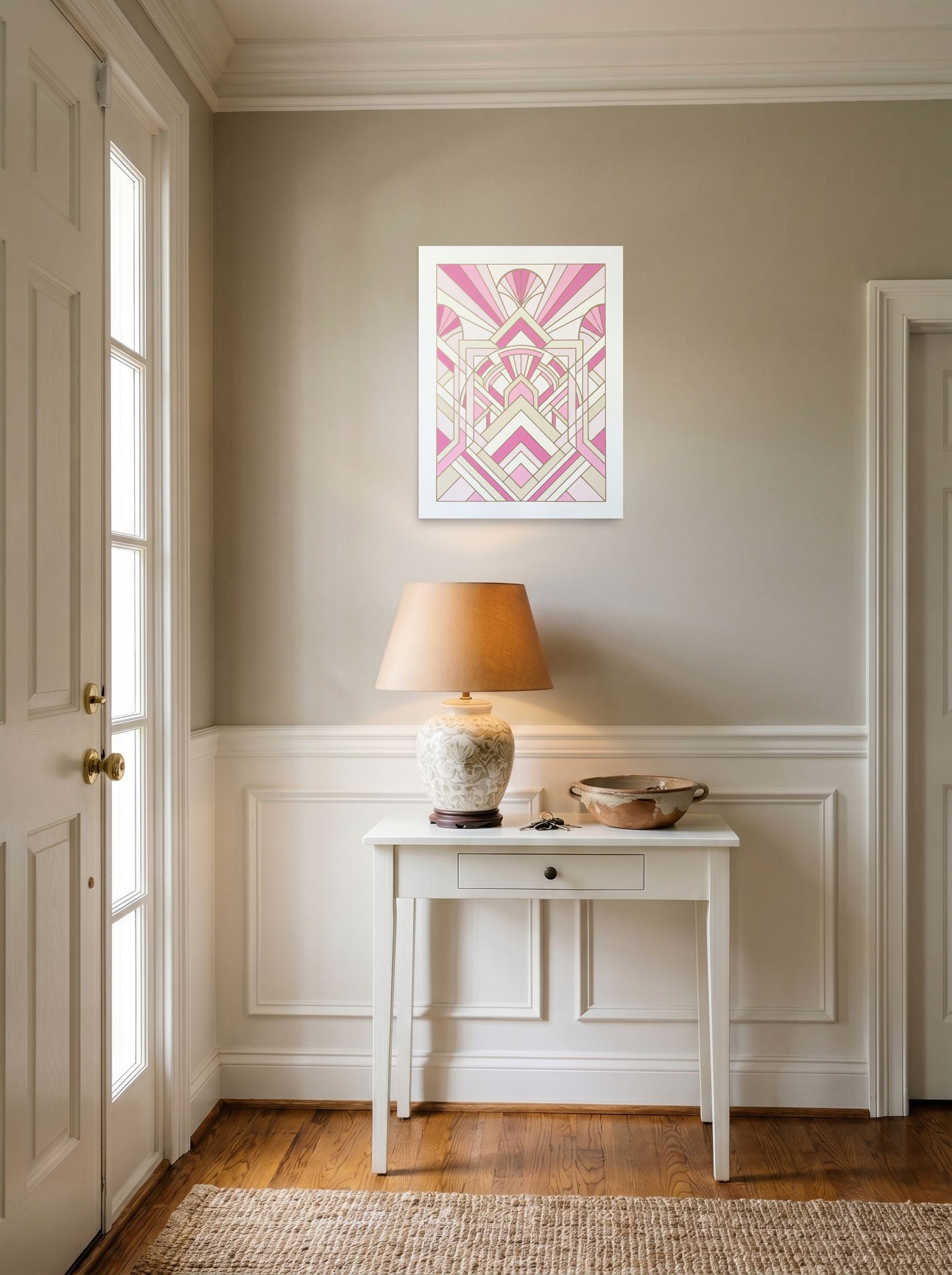 A 18x24 inch unframed paper Art Deco print of 'Rose Deco Radiance' hanging in an entryway near a console.