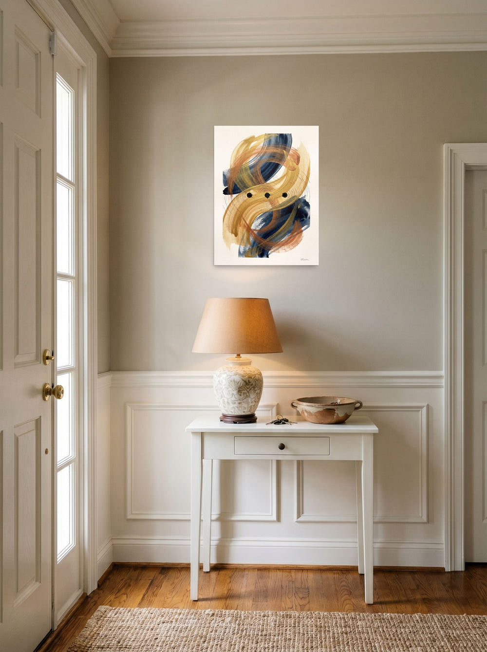 'Orbital Equilibrium' styled above a console table in an entryway, printed as unframed paper at 18x24 inch.