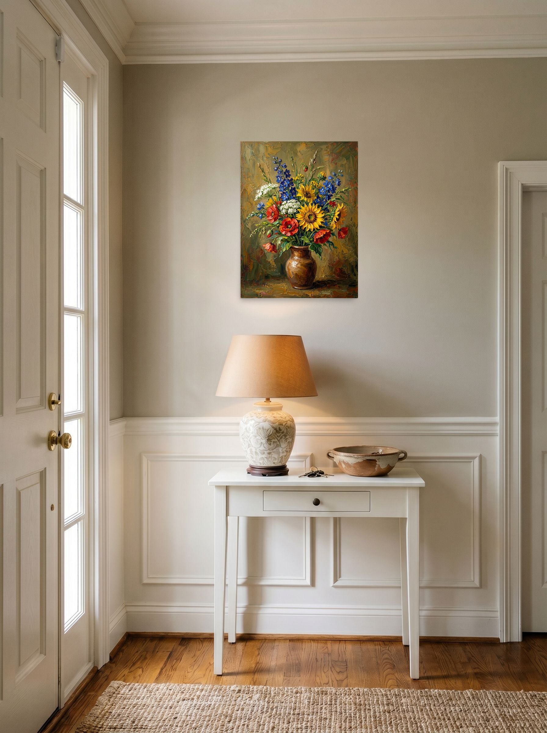 A 18x24 inch unframed paper Impressionism print of 'Rustic Floral Bloom' hanging in an entryway near a console.