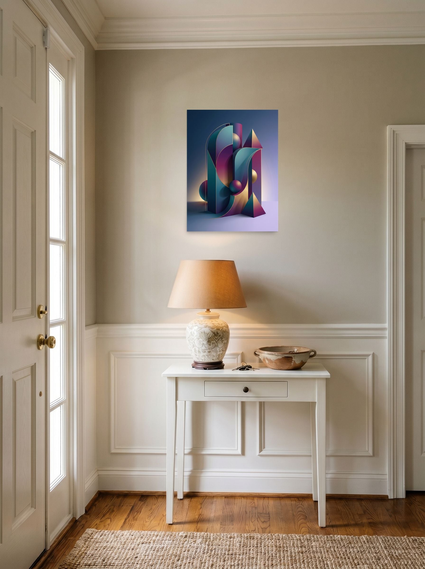 A 18x24 inch unframed paper Geometric abstract art print of 'Luminescent Geometry' hanging in an entryway near a console.