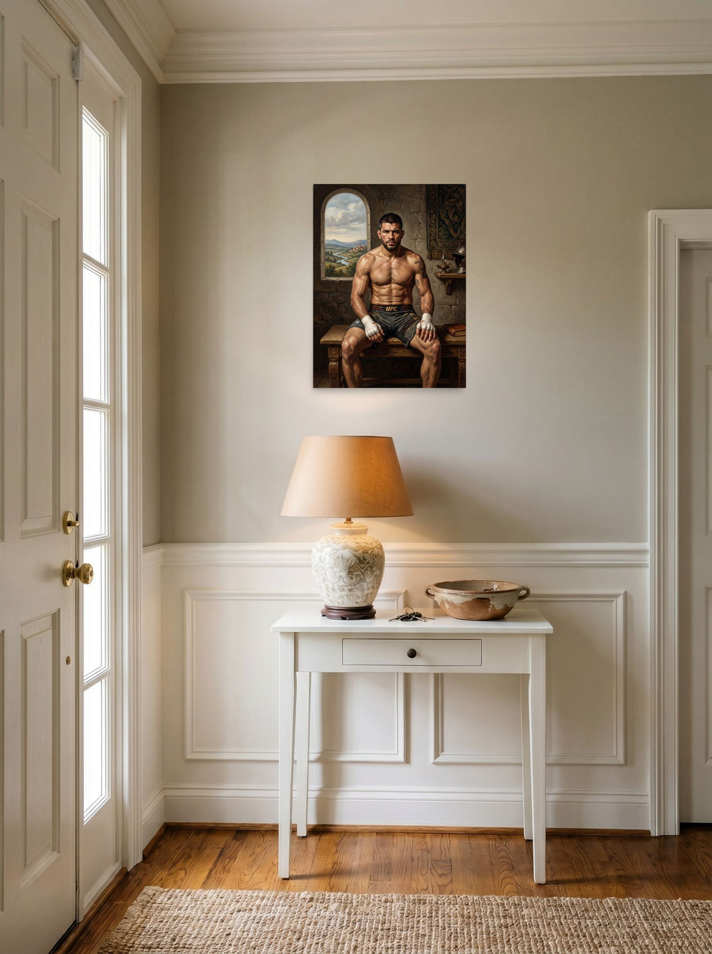 'The Renaissance Gladiator' in 18x24 inch unframed paper, styled above a console table in an entryway.