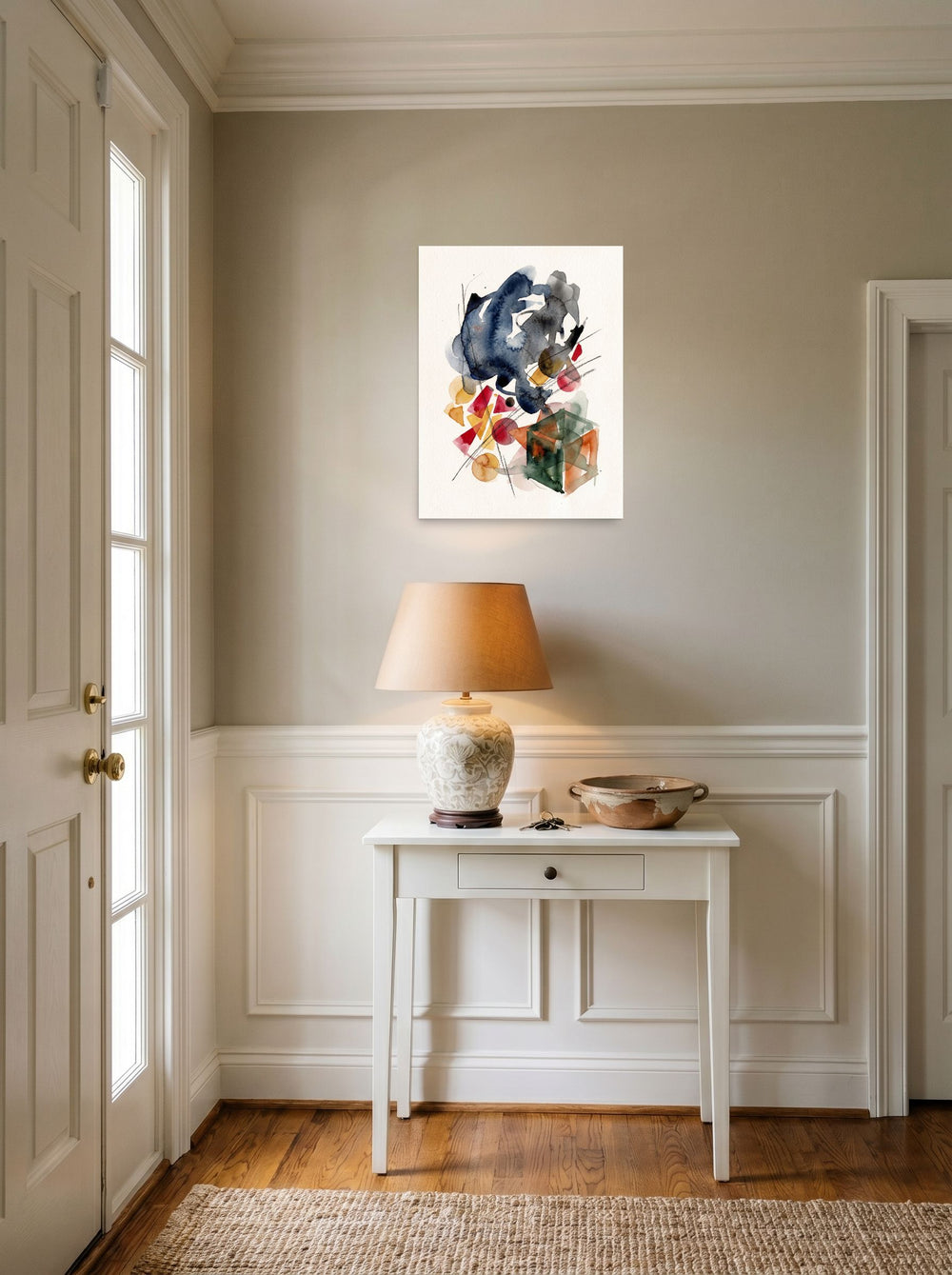 The Dau-al-Set print 'Geometric Whispers', 18x24 inch unframed paper, set against a bright entryway wall.