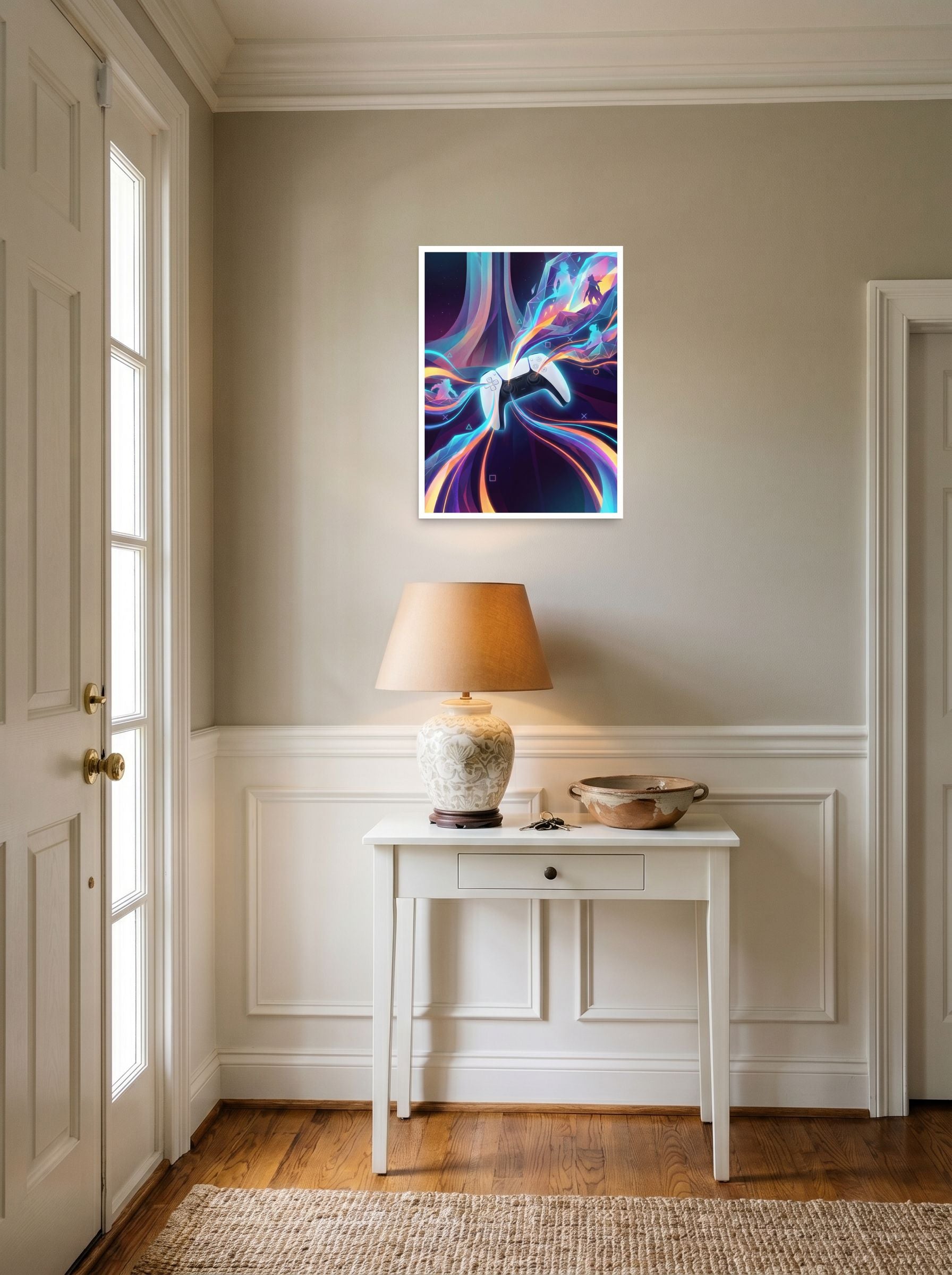 A 18x24 inch unframed paper Pop art print of 'Neon Gameplay' hanging in an entryway near a console.