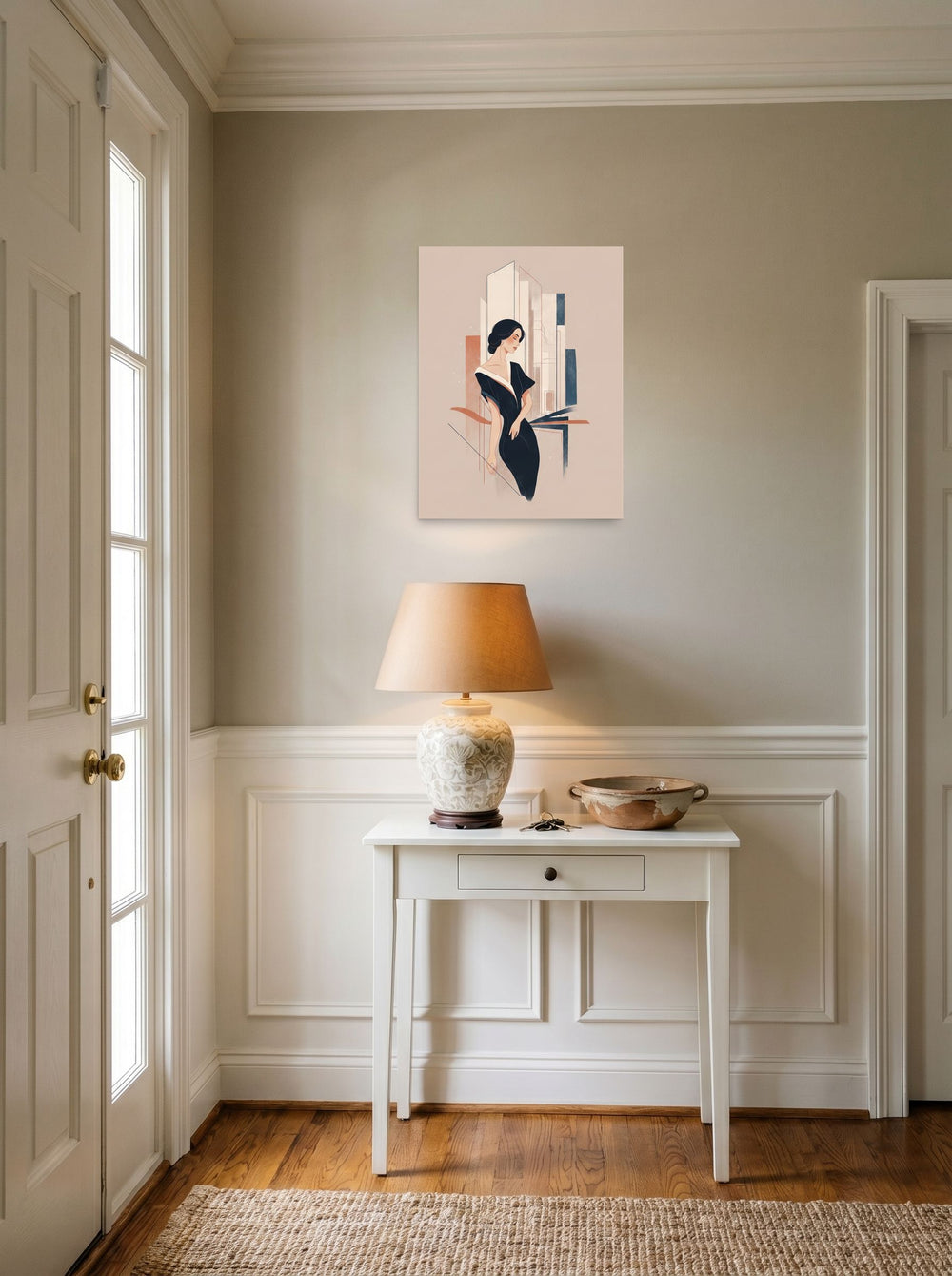 A 18x24 inch unframed paper Art Deco print of 'Midnight Chic' hanging in an entryway near a console.