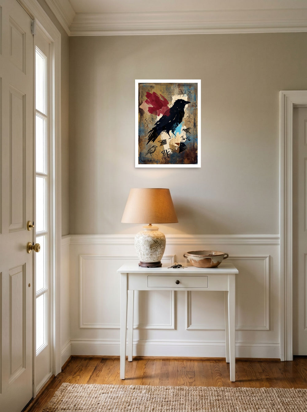 A 18x24 inch unframed paper Dau-al-Set print of 'The Alchemist's Messenger', styled above a console table in an entryway.
