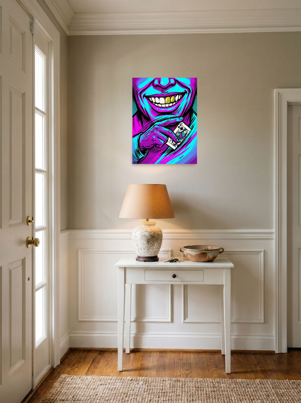 A 18x24 inch unframed paper Pop art print of 'Queen of Spades' hanging in an entryway near a console.
