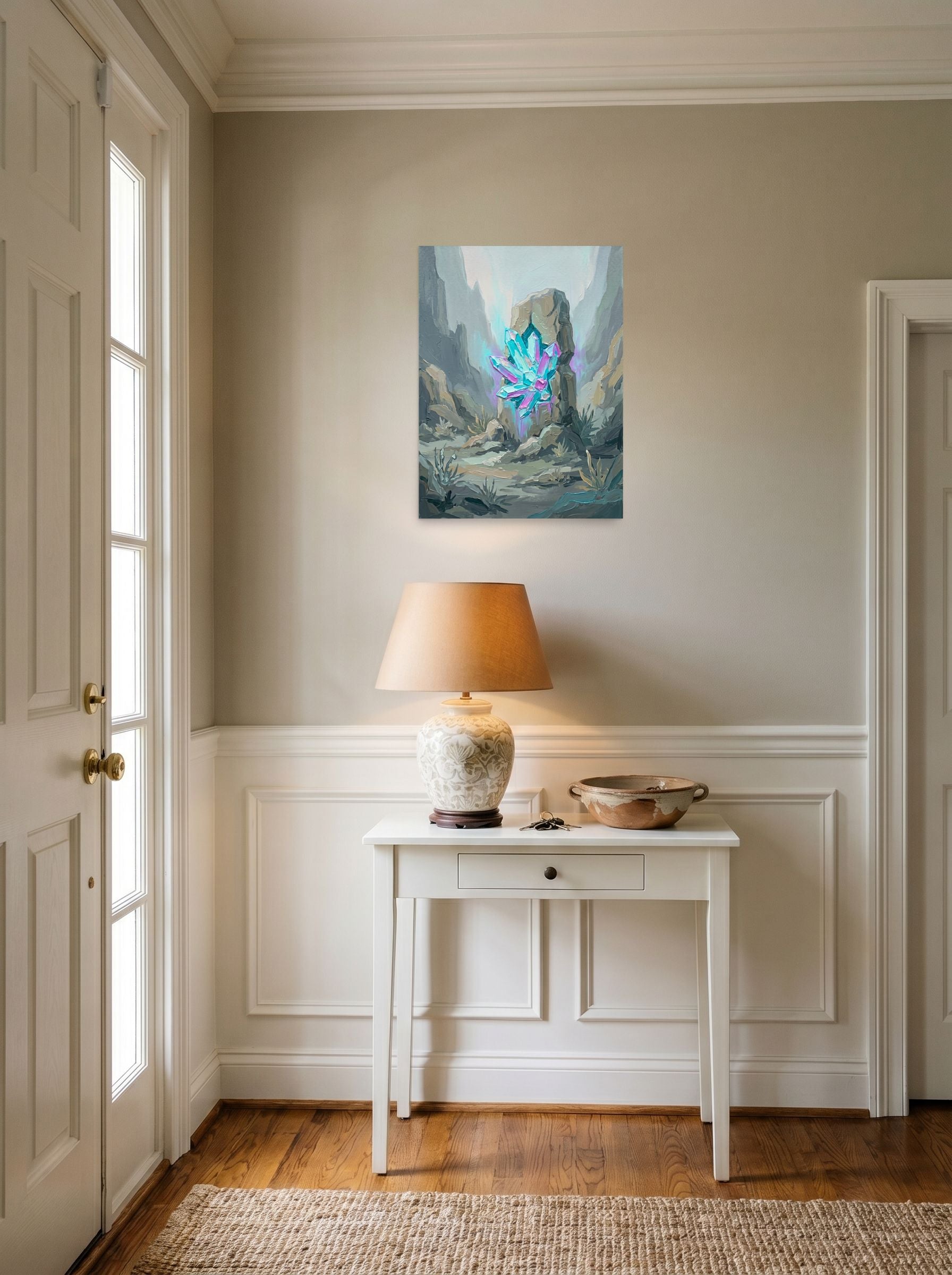 A 18x24 inch unframed paper Surrealism,Impressionism print of 'Monolith's Crystal Heart' hanging in an entryway near a console.