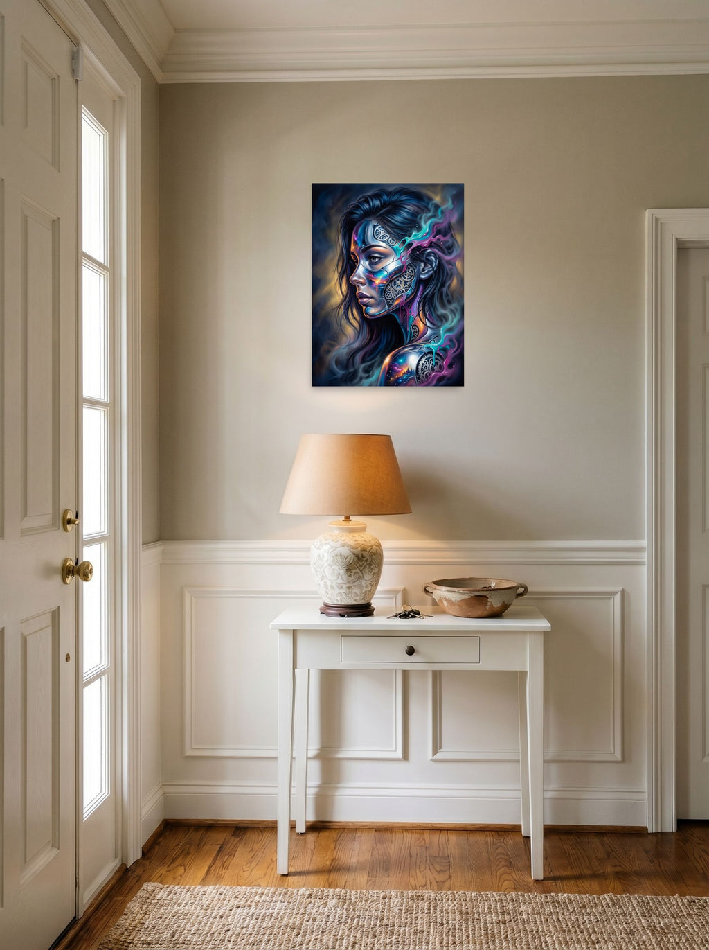A 18x24 inch unframed paper Surrealism print of 'Cosmic Clockwork' hanging in an entryway near a console.