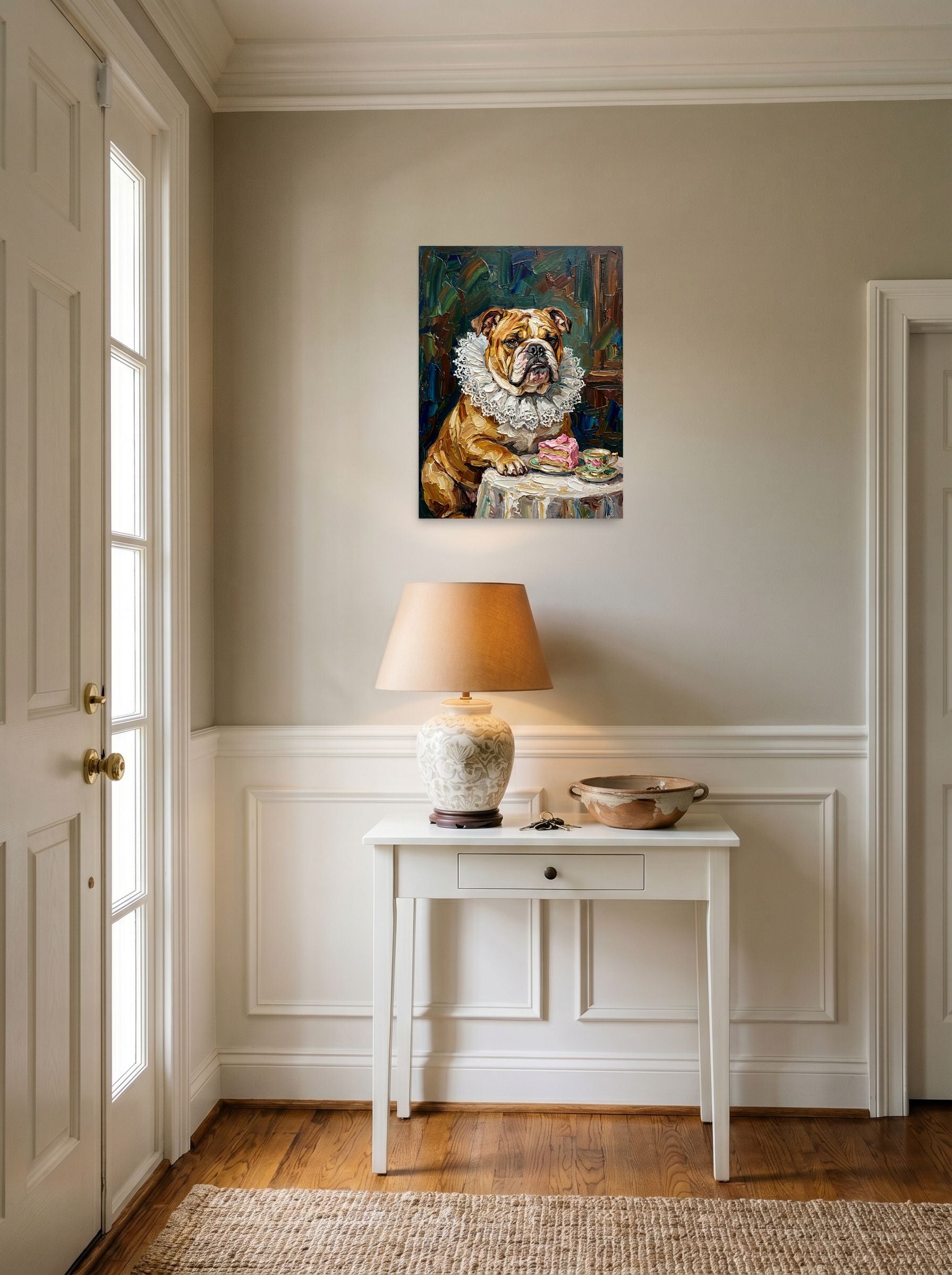 A 18x24 inch unframed paper Renaissance,Pop art print of 'A Noble Treat' hanging in an entryway near a console.