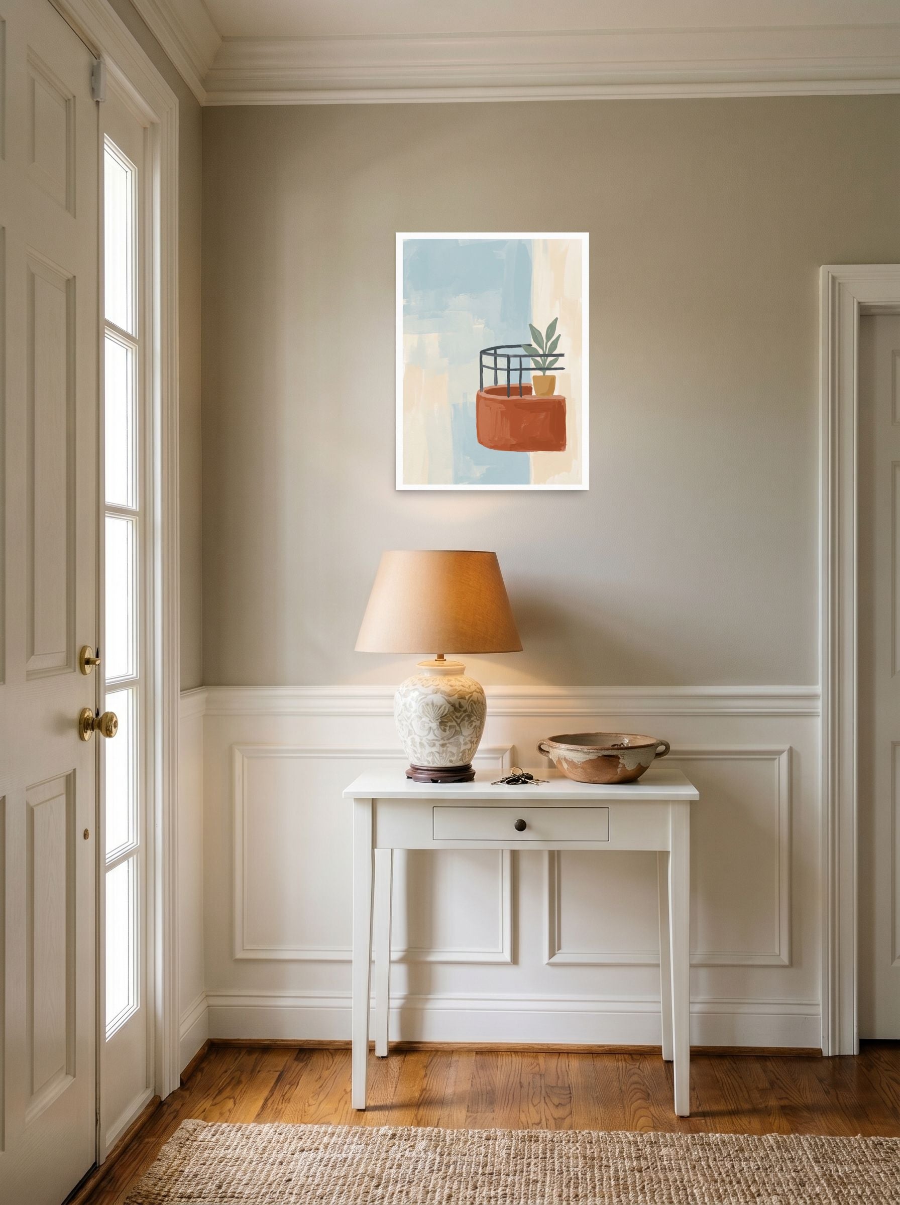 A 18x24 inch unframed paper Abstract art print of 'Balcony Impression' hanging in an entryway near a console.