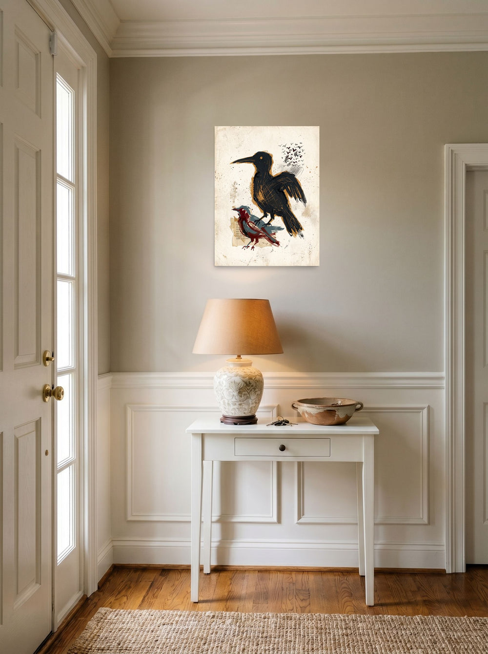 Dau-al-Set wall art 'Sentinels of the Page', unframed paper at 18x24 inch, set against a bright entryway wall.