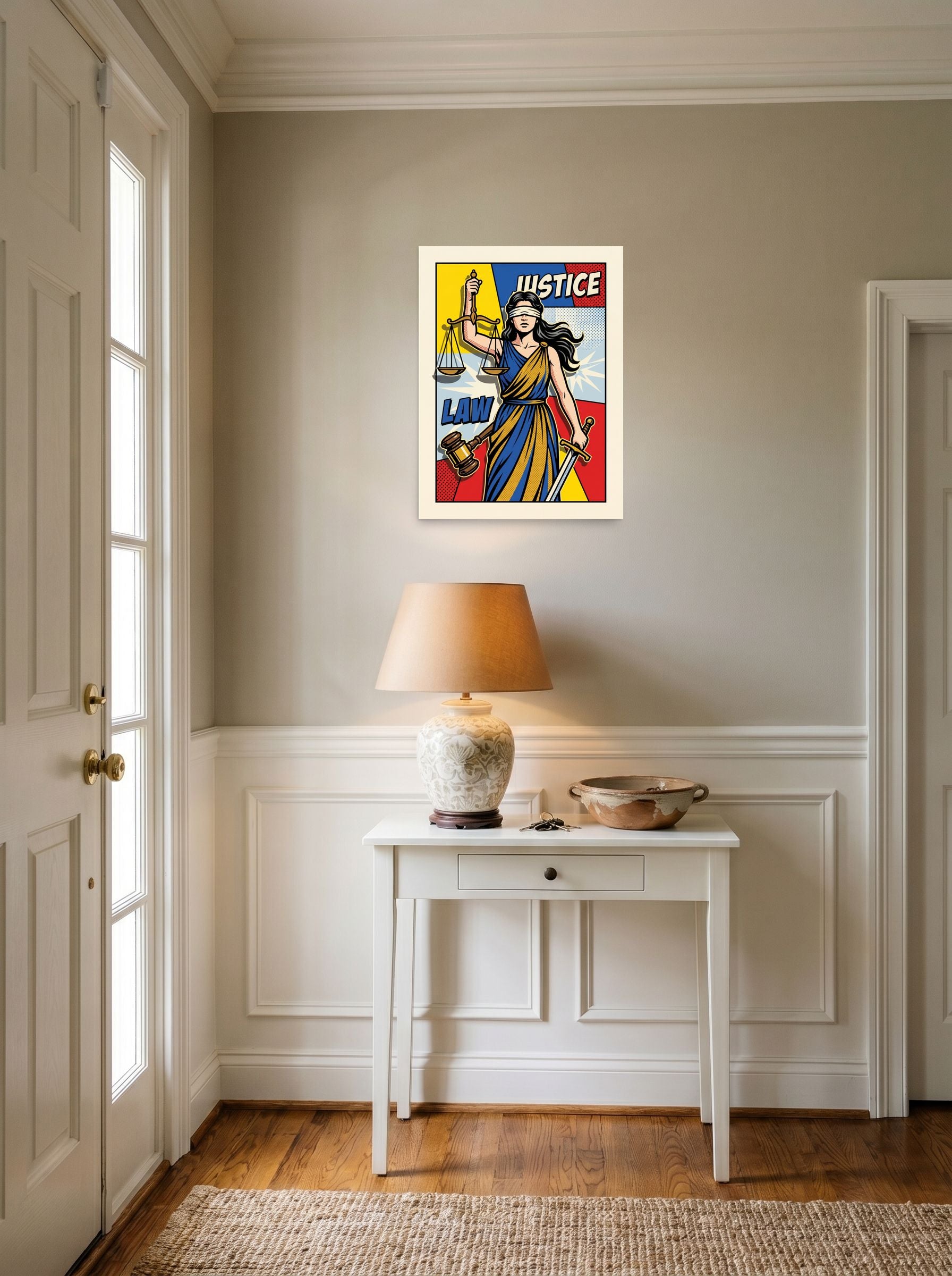 A 18x24 inch unframed paper Pop art print of 'Pop Art Justice' hanging in an entryway near a console.
