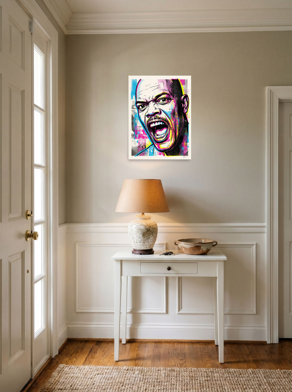 'Unfiltered Fury', a Pop art print hanging in an entryway near a console. Shown as unframed paper, 18x24 inch.