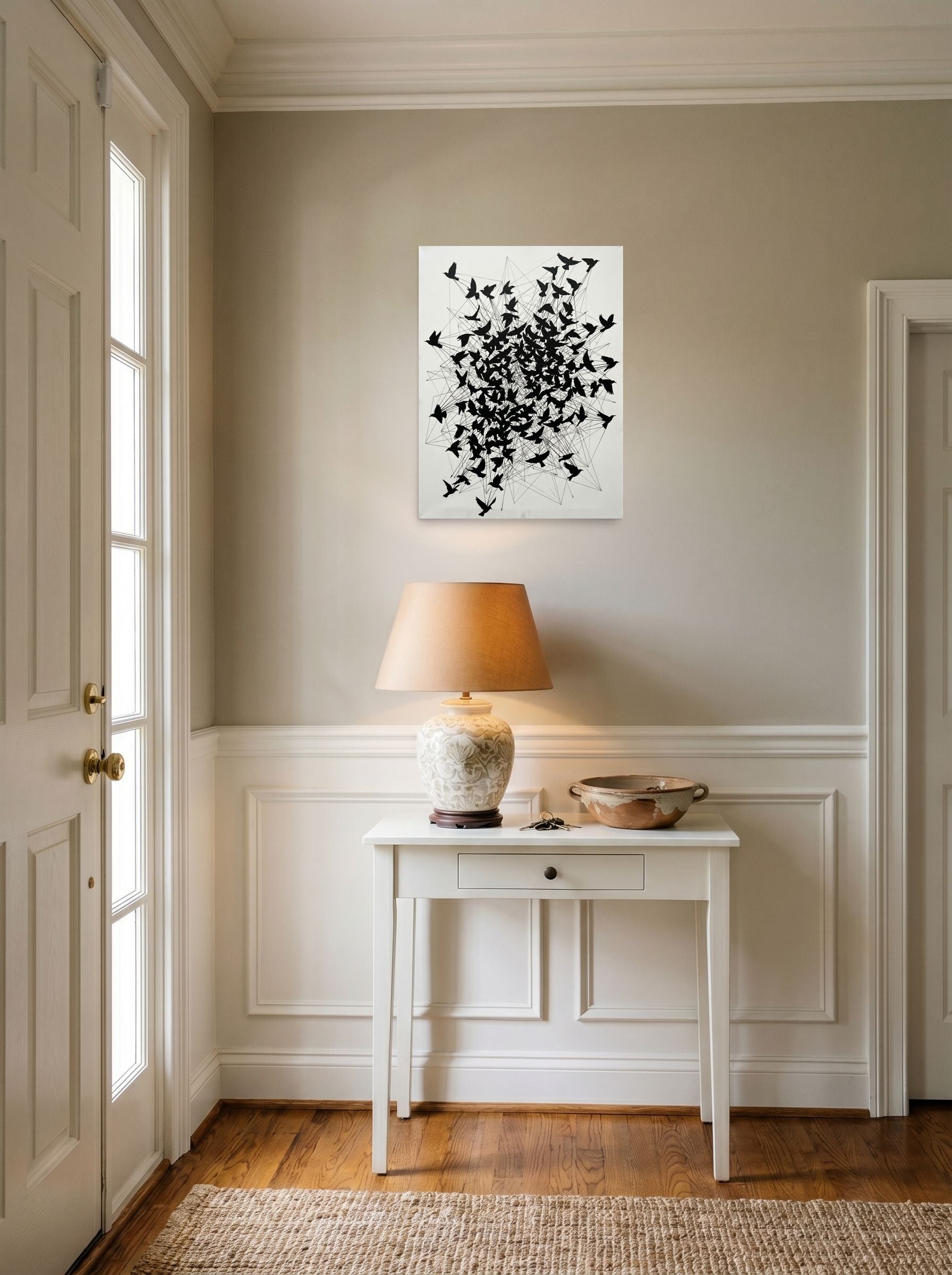 A 18x24 inch unframed paper Abstract art print of 'Avian Network' hanging in an entryway near a console.