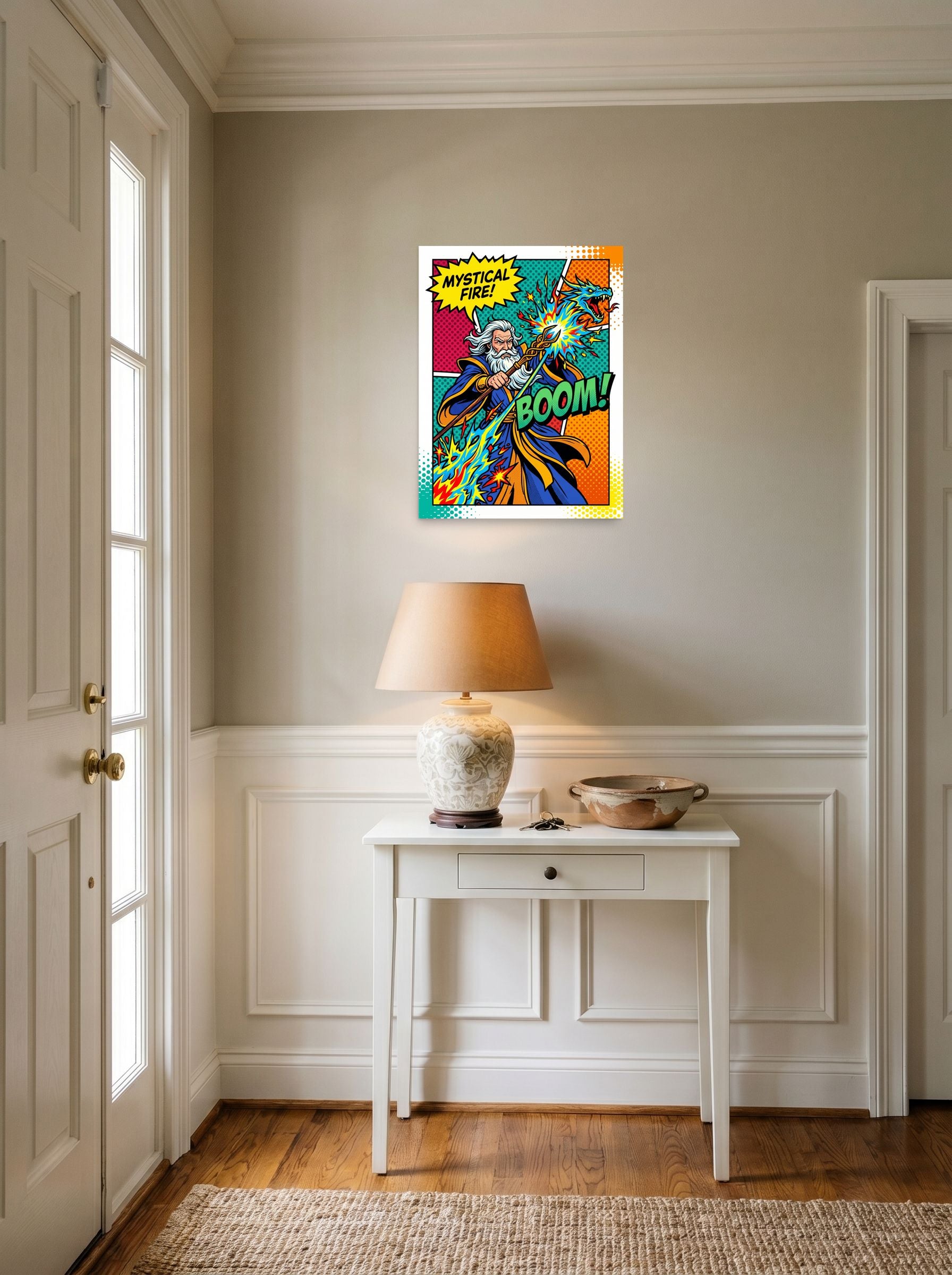 A 18x24 inch unframed paper Pop art print of 'Mystical Fire Boom' hanging in an entryway near a console.