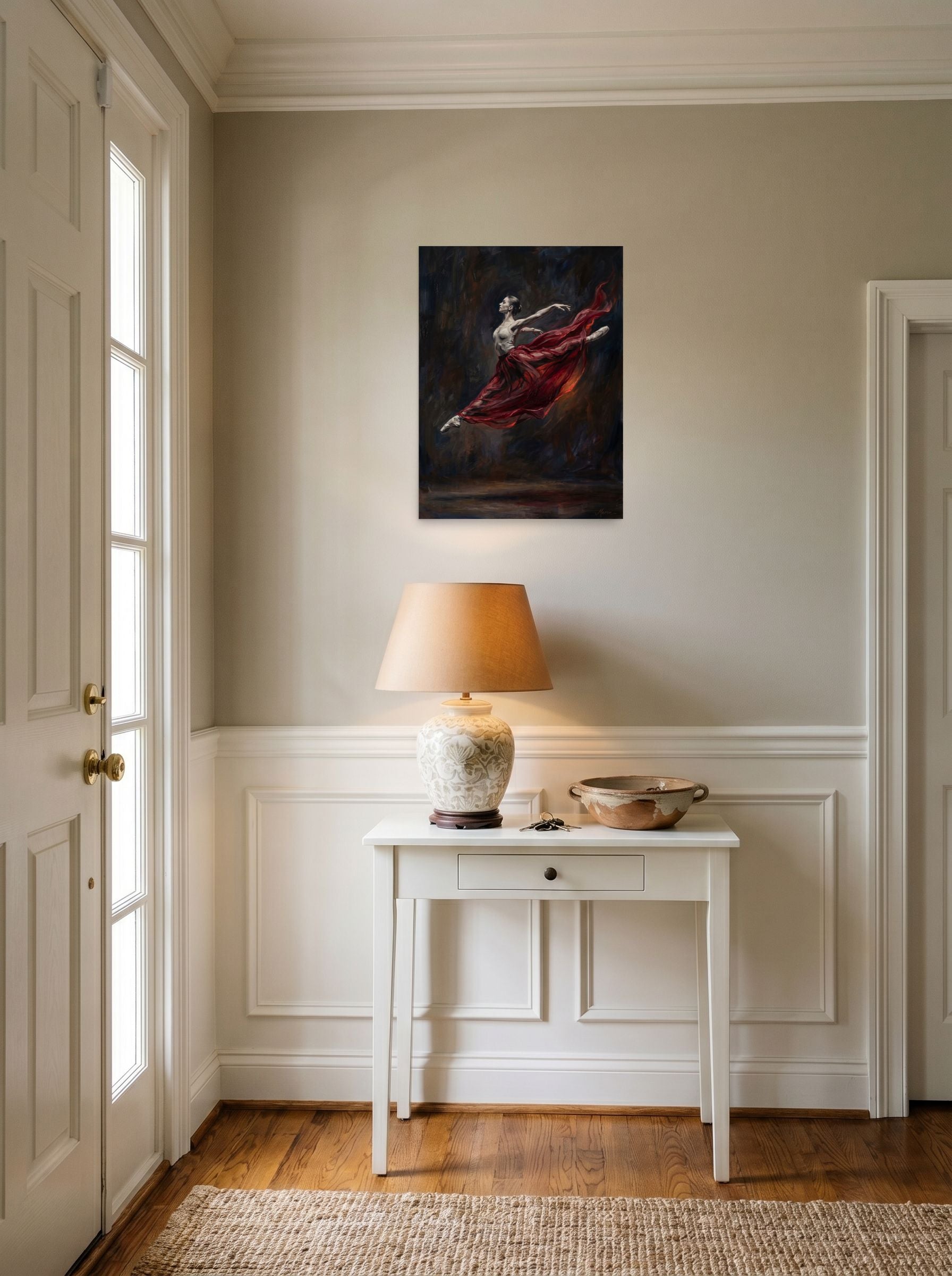 A 18x24 inch unframed paper Classical Realism,Romanticism print of 'Crimson Leap' hanging in an entryway near a console.