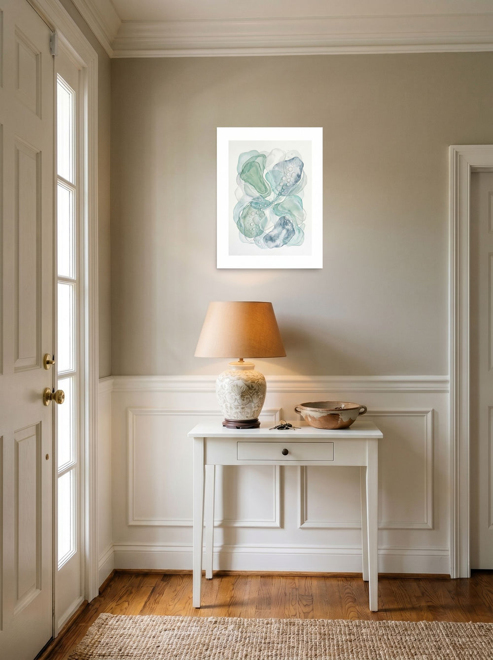 A 18x24 inch unframed paper Minimalism,Abstract art print of 'Morning Dew' hanging in an entryway near a console.