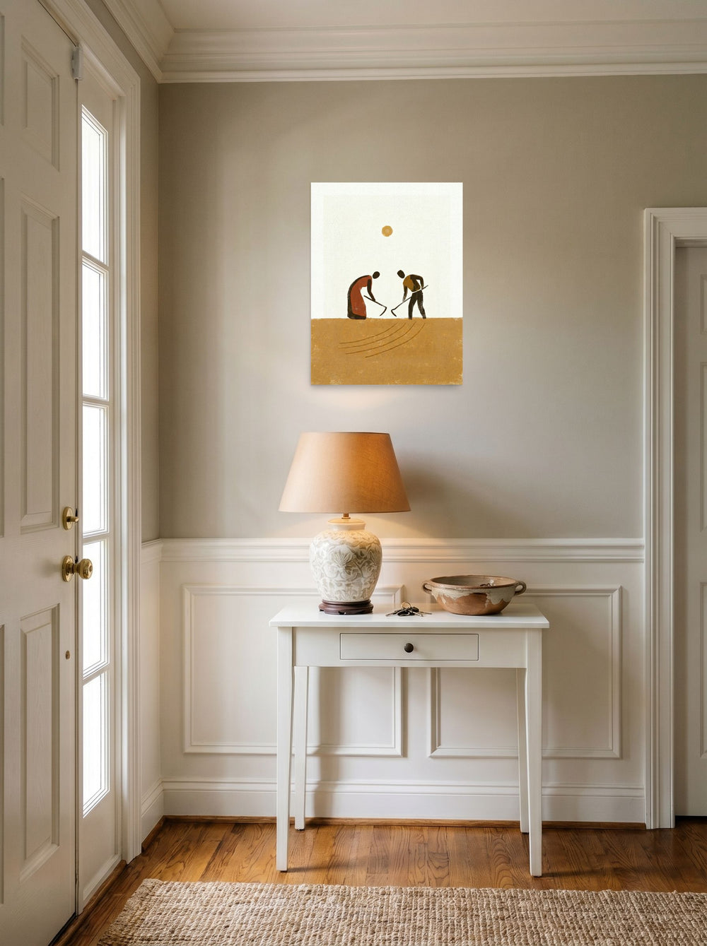 A 18x24 inch unframed paper Minimalism,Modernism print of 'Harvest Rhythm' hanging in an entryway near a console.