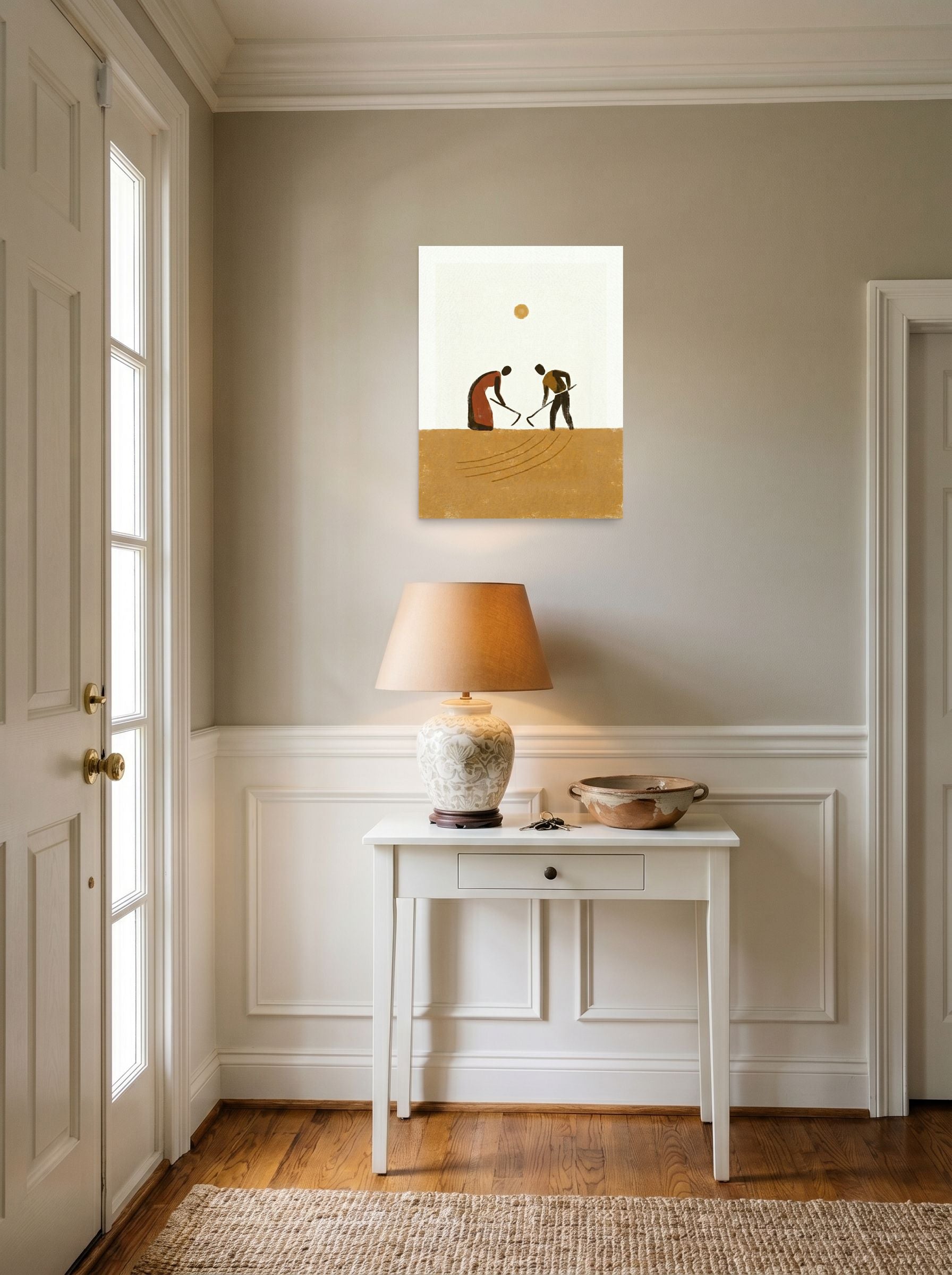 A 18x24 inch unframed paper Minimalism,Modernism print of 'Harvest Rhythm' hanging in an entryway near a console.