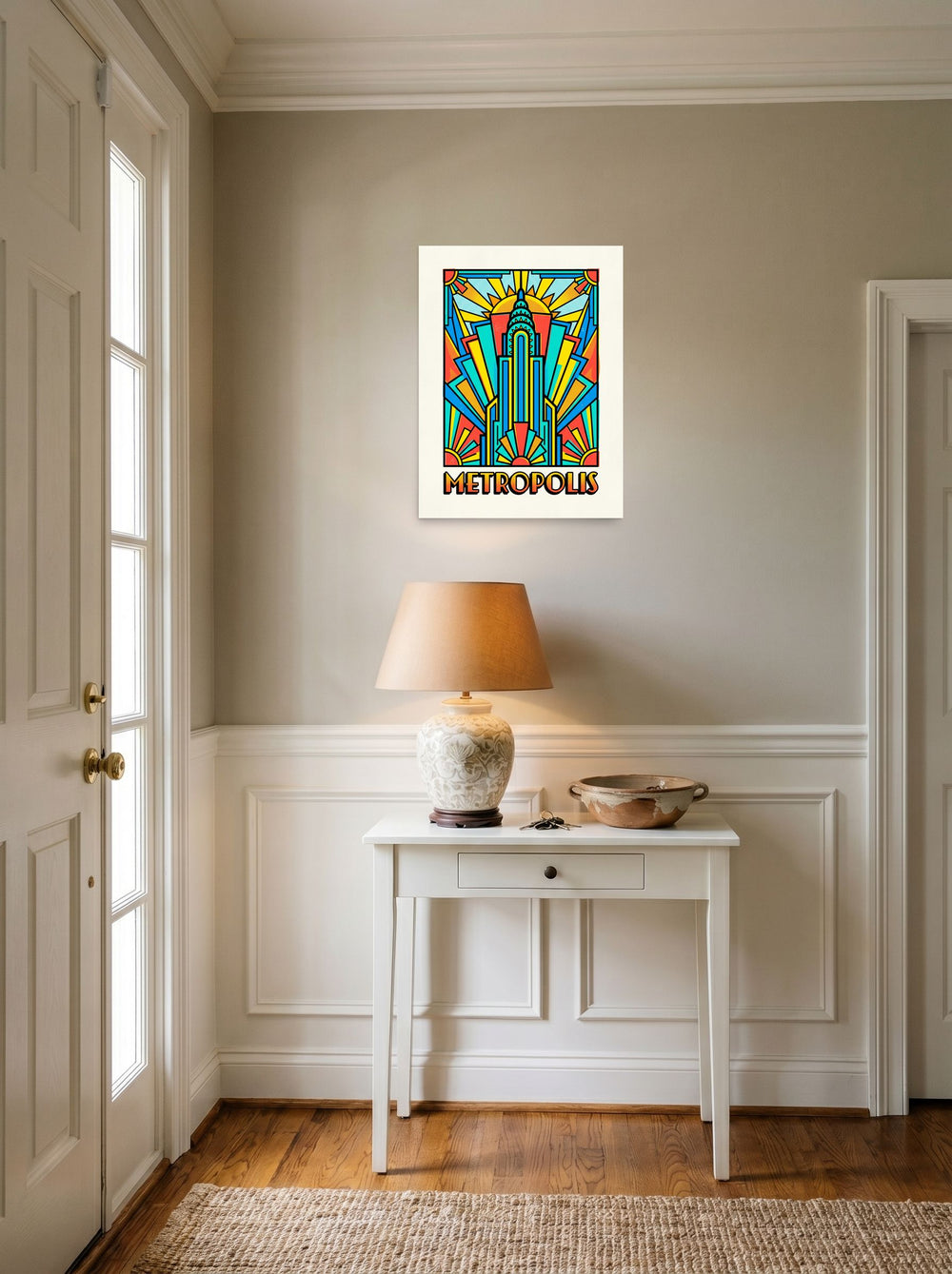 A 18x24 inch unframed paper Pop art print of 'Metropolis Deco' hanging in an entryway near a console.